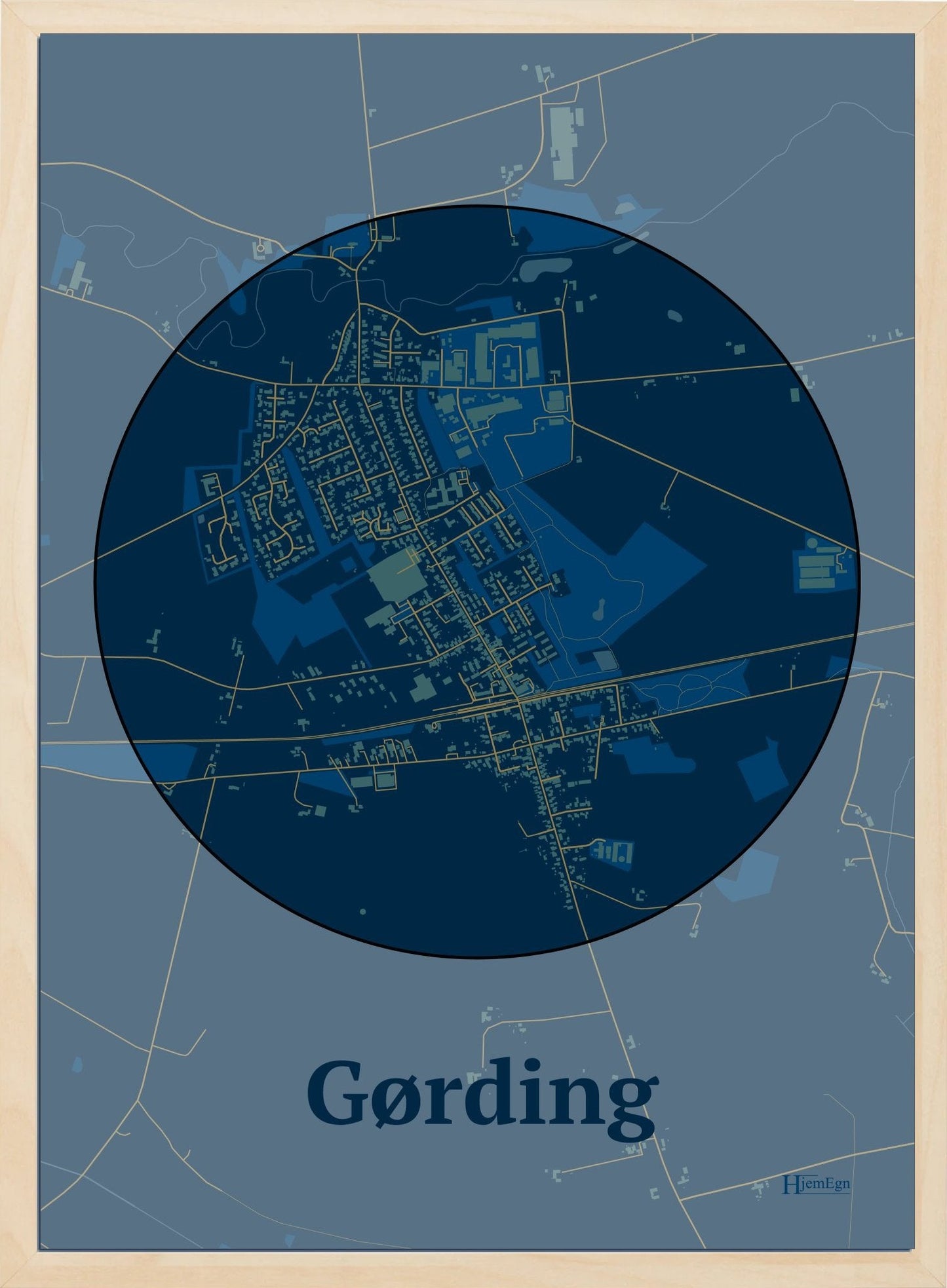 Gørding plakat i farve mørk blå og HjemEgn.dk design centrum. Design bykort for Gørding