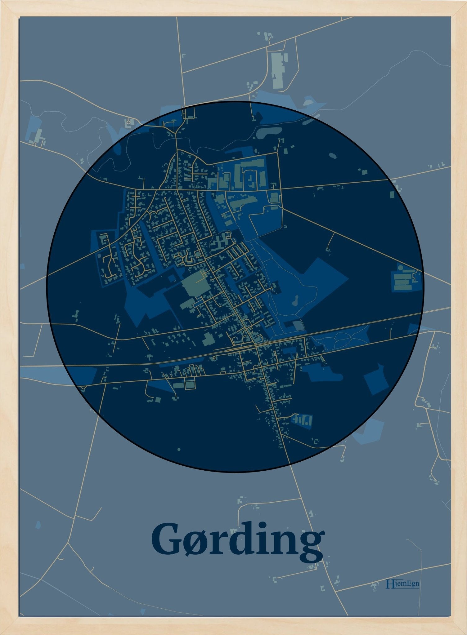 Gørding plakat i farve mørk blå og HjemEgn.dk design centrum. Design bykort for Gørding