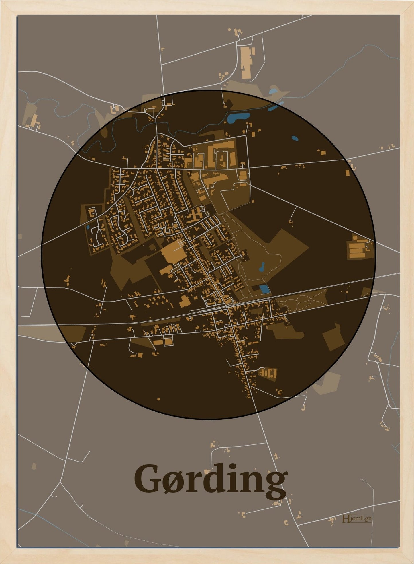 Gørding plakat i farve mørk brun og HjemEgn.dk design centrum. Design bykort for Gørding
