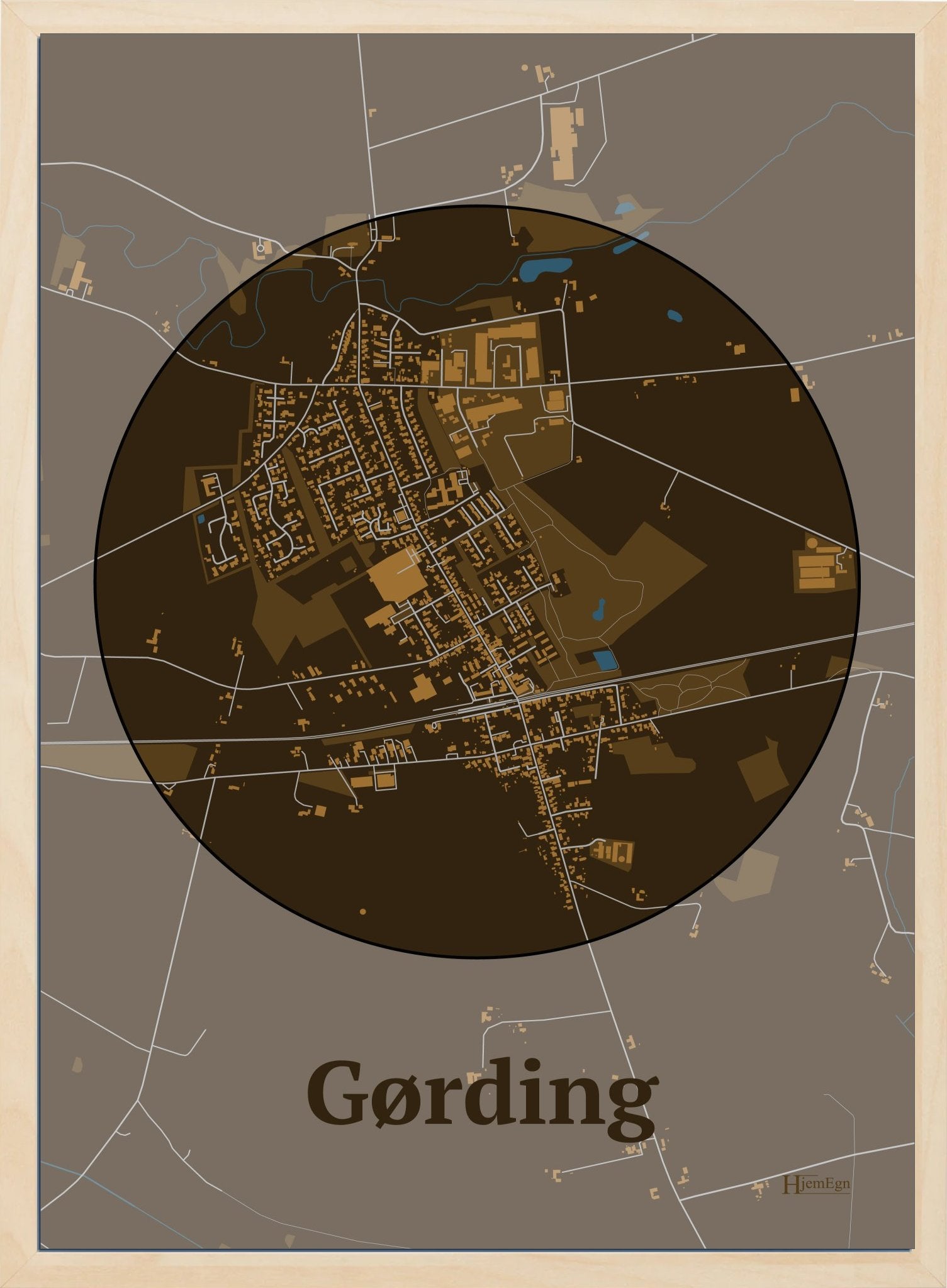 Gørding plakat i farve mørk brun og HjemEgn.dk design centrum. Design bykort for Gørding