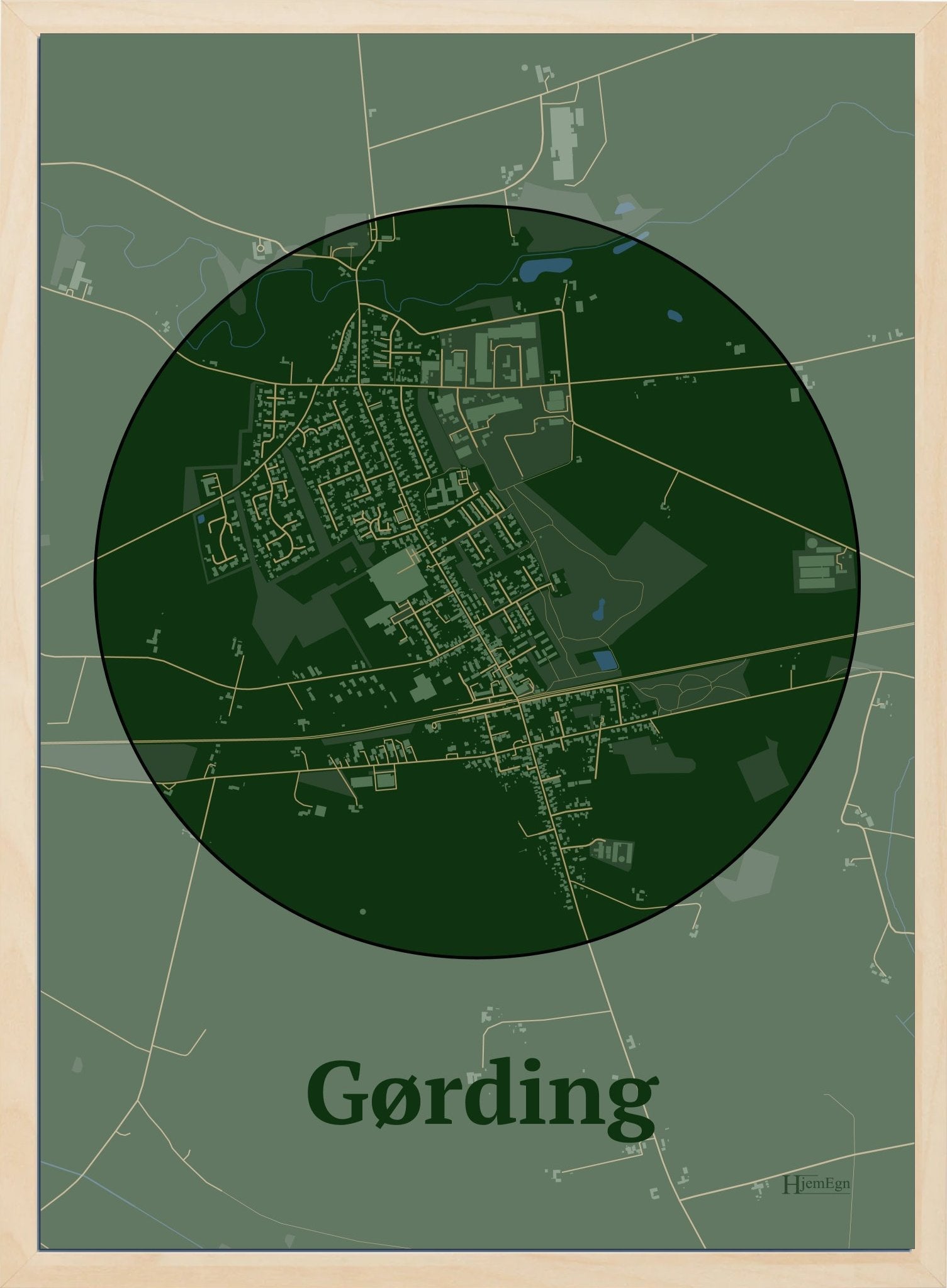 Gørding plakat i farve mørk grøn og HjemEgn.dk design centrum. Design bykort for Gørding