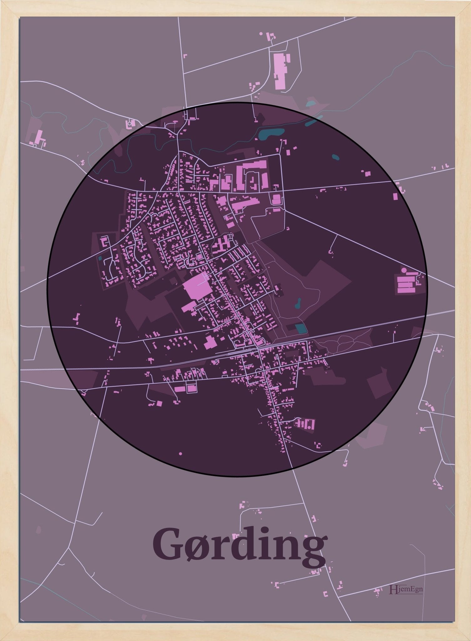 Gørding plakat i farve mørk rød og HjemEgn.dk design centrum. Design bykort for Gørding
