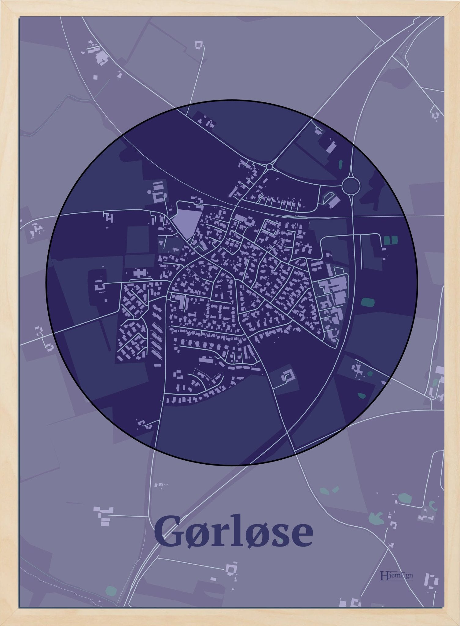 Gørløse plakat i farve mørk lilla og HjemEgn.dk design centrum. Design bykort for Gørløse