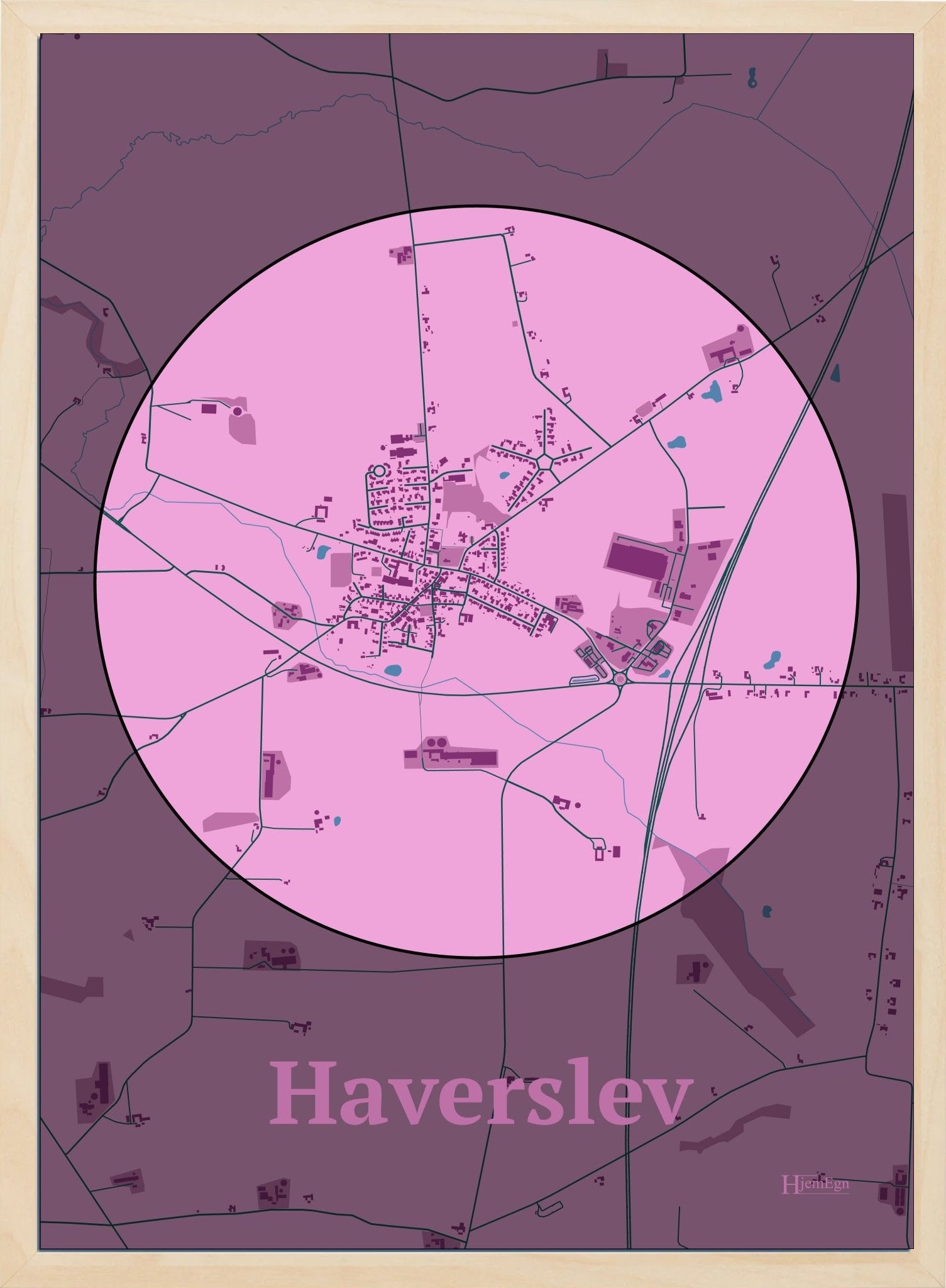 Haverslev plakat i farve pastel rød og HjemEgn.dk design centrum. Design bykort for Haverslev