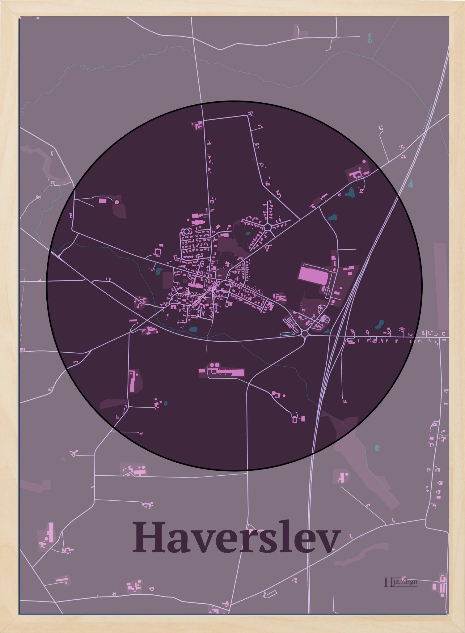 Haverslev plakat i farve mørk rød og HjemEgn.dk design centrum. Design bykort for Haverslev