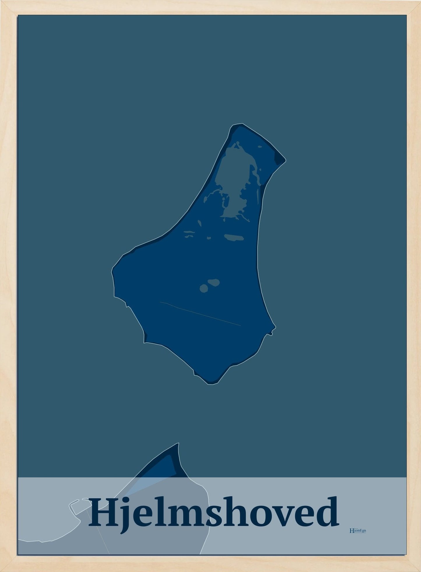 Hjelmshoved plakat i farve mørk blå og HjemEgn.dk design firkantet. Design ø-kort for Hjelmshoved