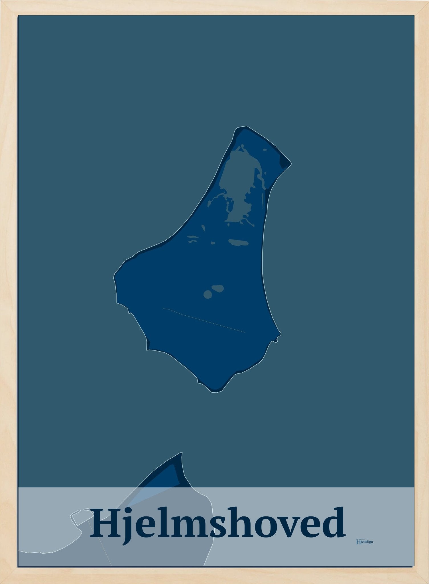Hjelmshoved plakat i farve mørk blå og HjemEgn.dk design firkantet. Design ø-kort for Hjelmshoved