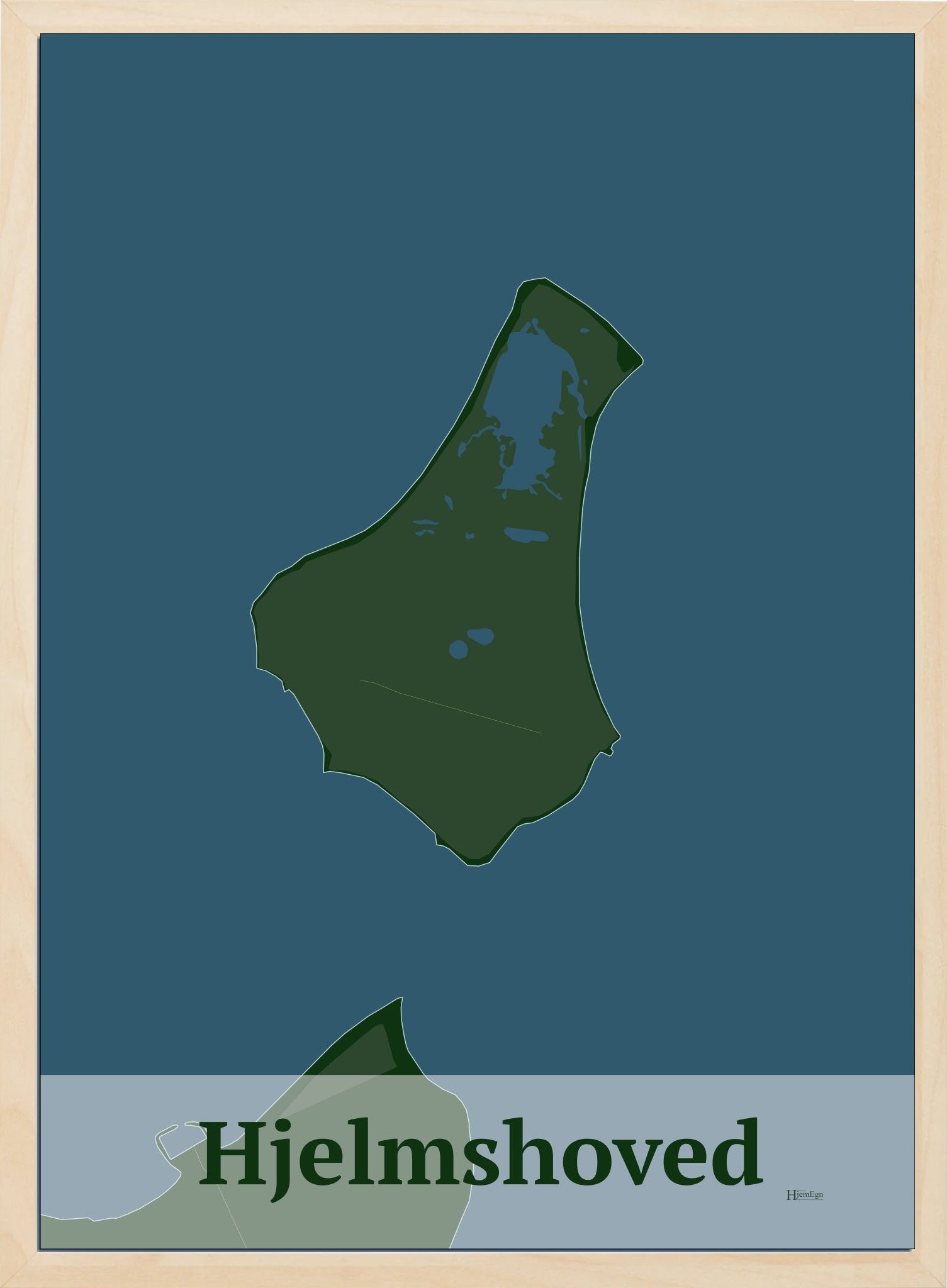 Hjelmshoved plakat i farve mørk grøn og HjemEgn.dk design firkantet. Design ø-kort for Hjelmshoved