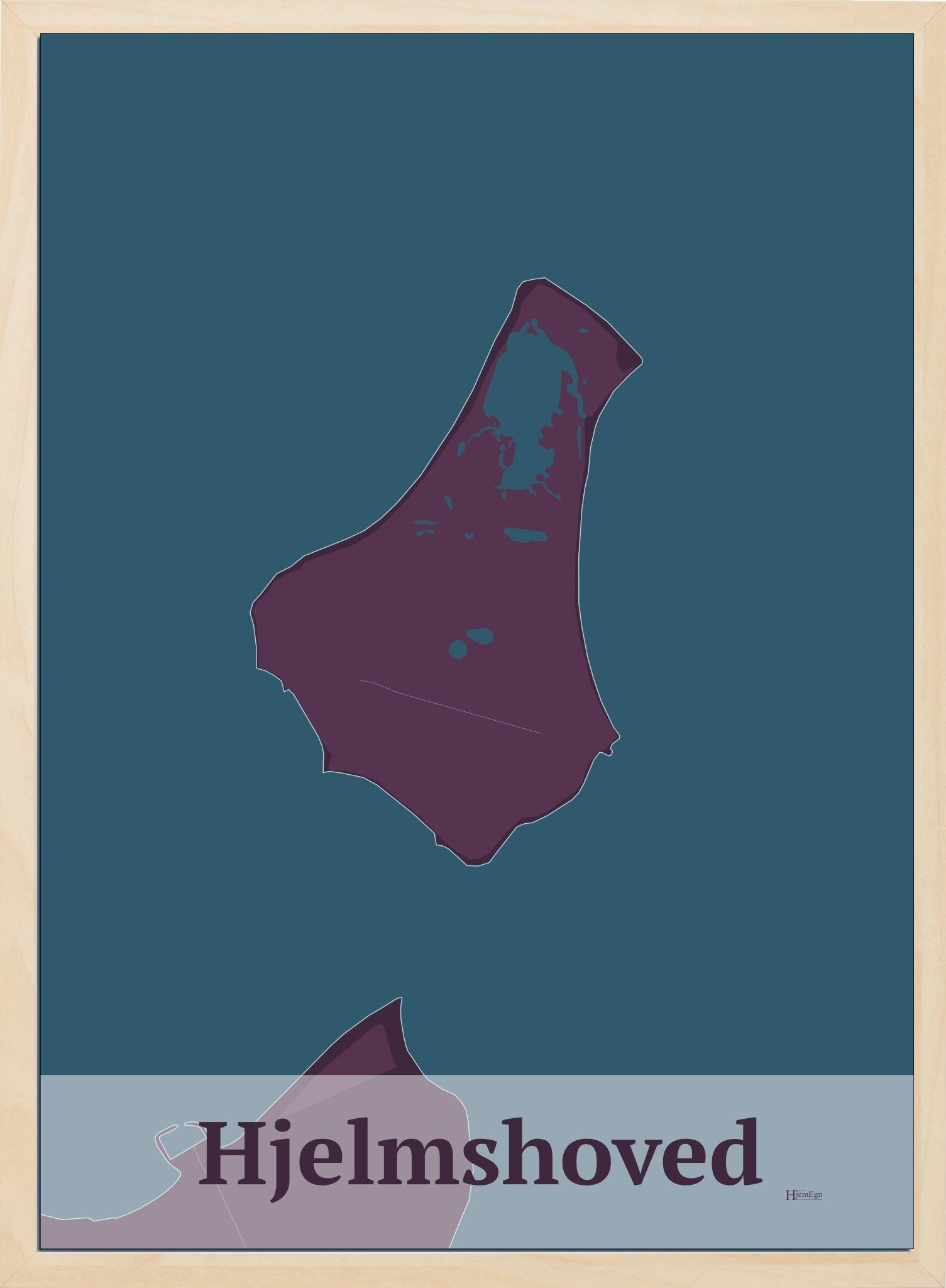 Hjelmshoved plakat i farve mørk rød og HjemEgn.dk design firkantet. Design ø-kort for Hjelmshoved