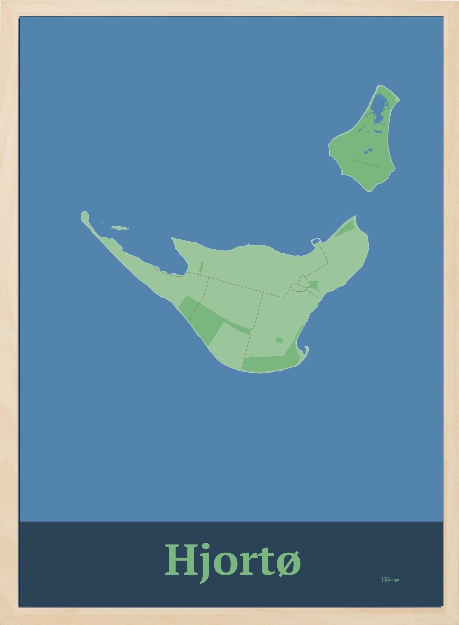 Hjortø plakat i farve pastel grøn og HjemEgn.dk design firkantet. Design ø-kort for Hjortø