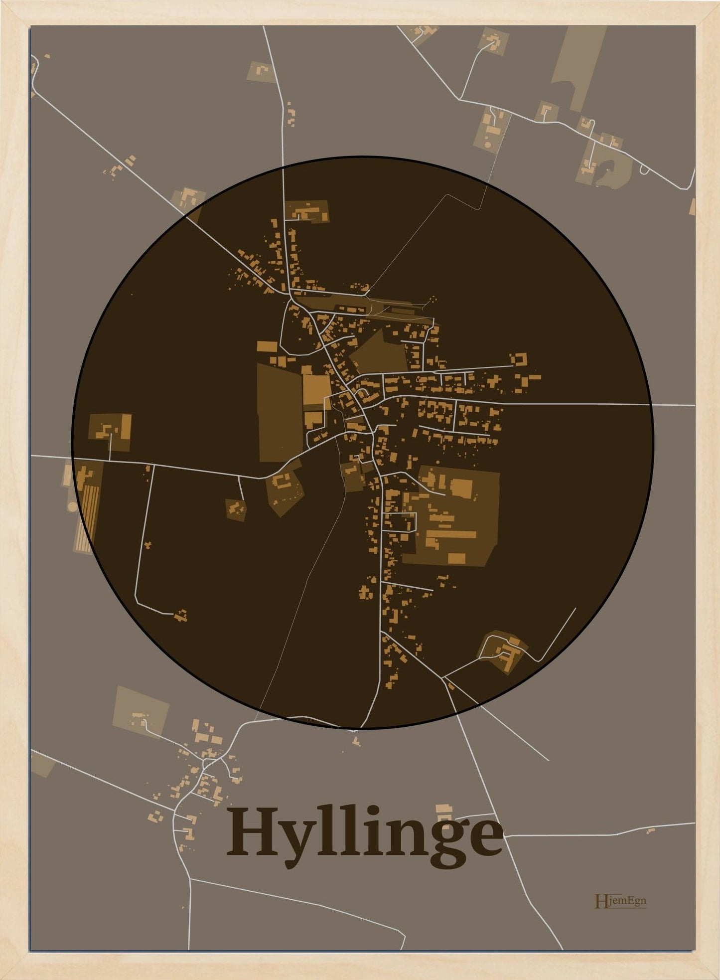 Hyllinge plakat i farve mørk brun og HjemEgn.dk design centrum. Design bykort for Hyllinge