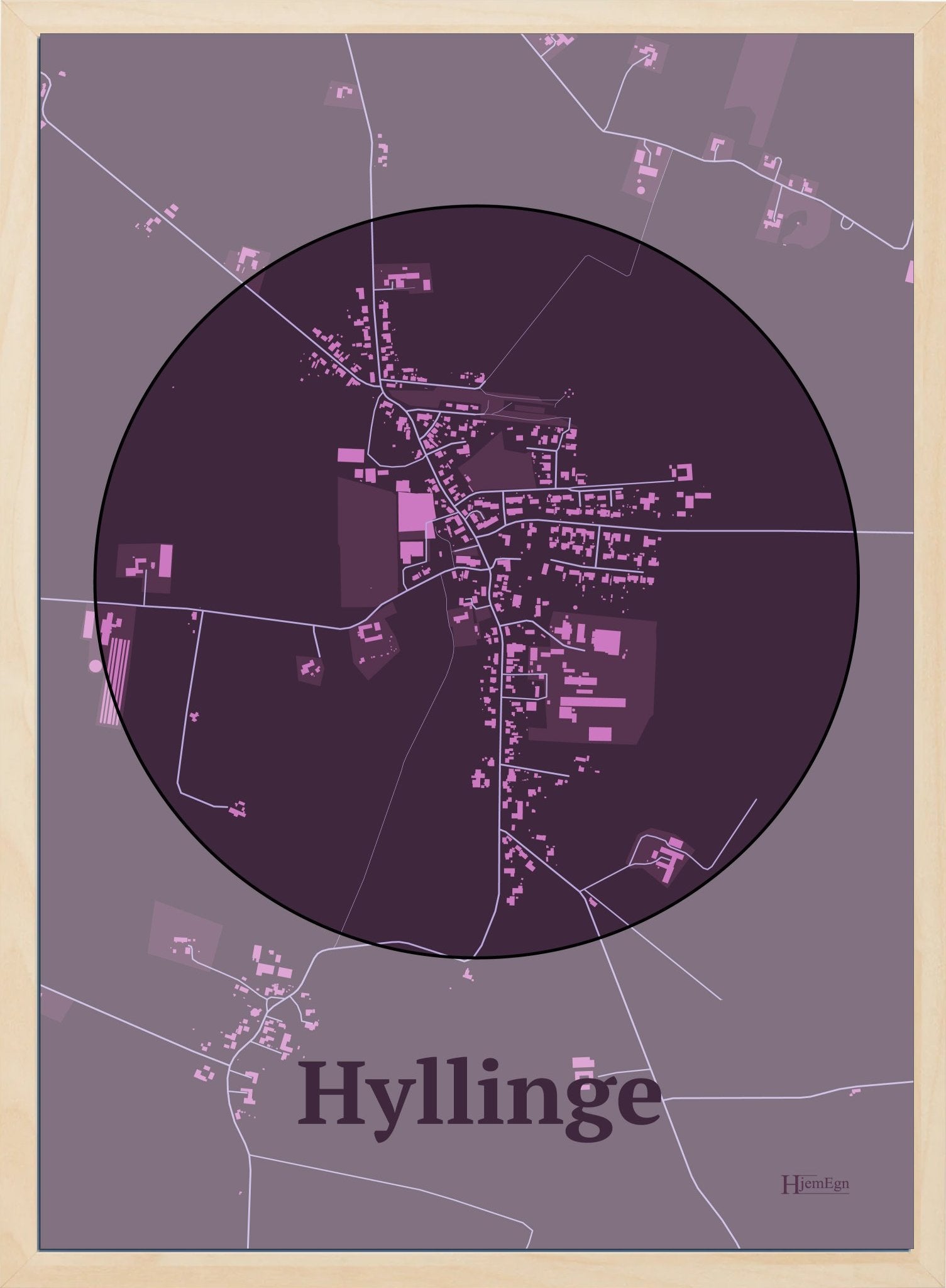 Hyllinge plakat i farve mørk rød og HjemEgn.dk design centrum. Design bykort for Hyllinge
