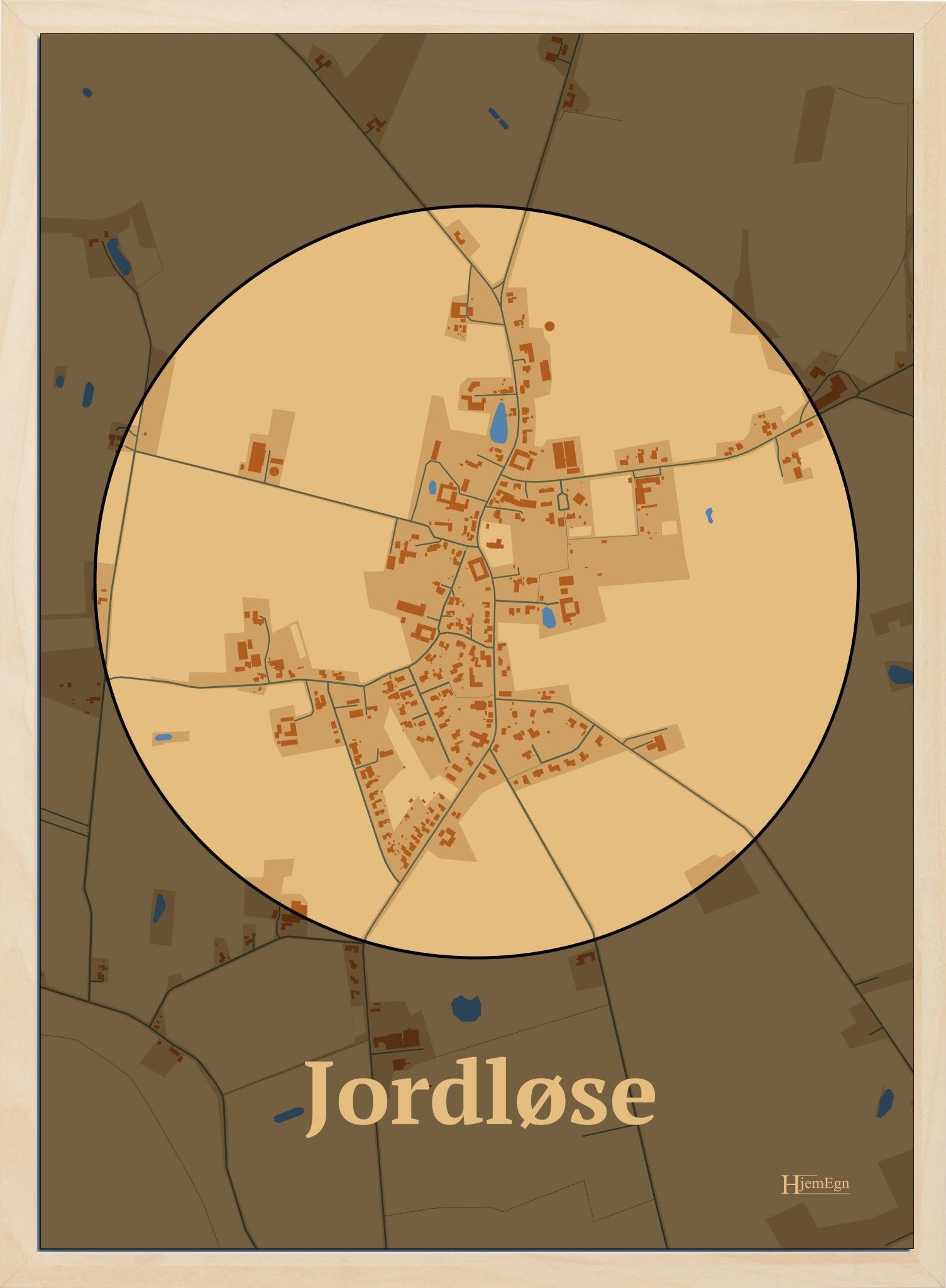 Jordløse plakat i farve pastel brun og HjemEgn.dk design centrum. Design bykort for Jordløse