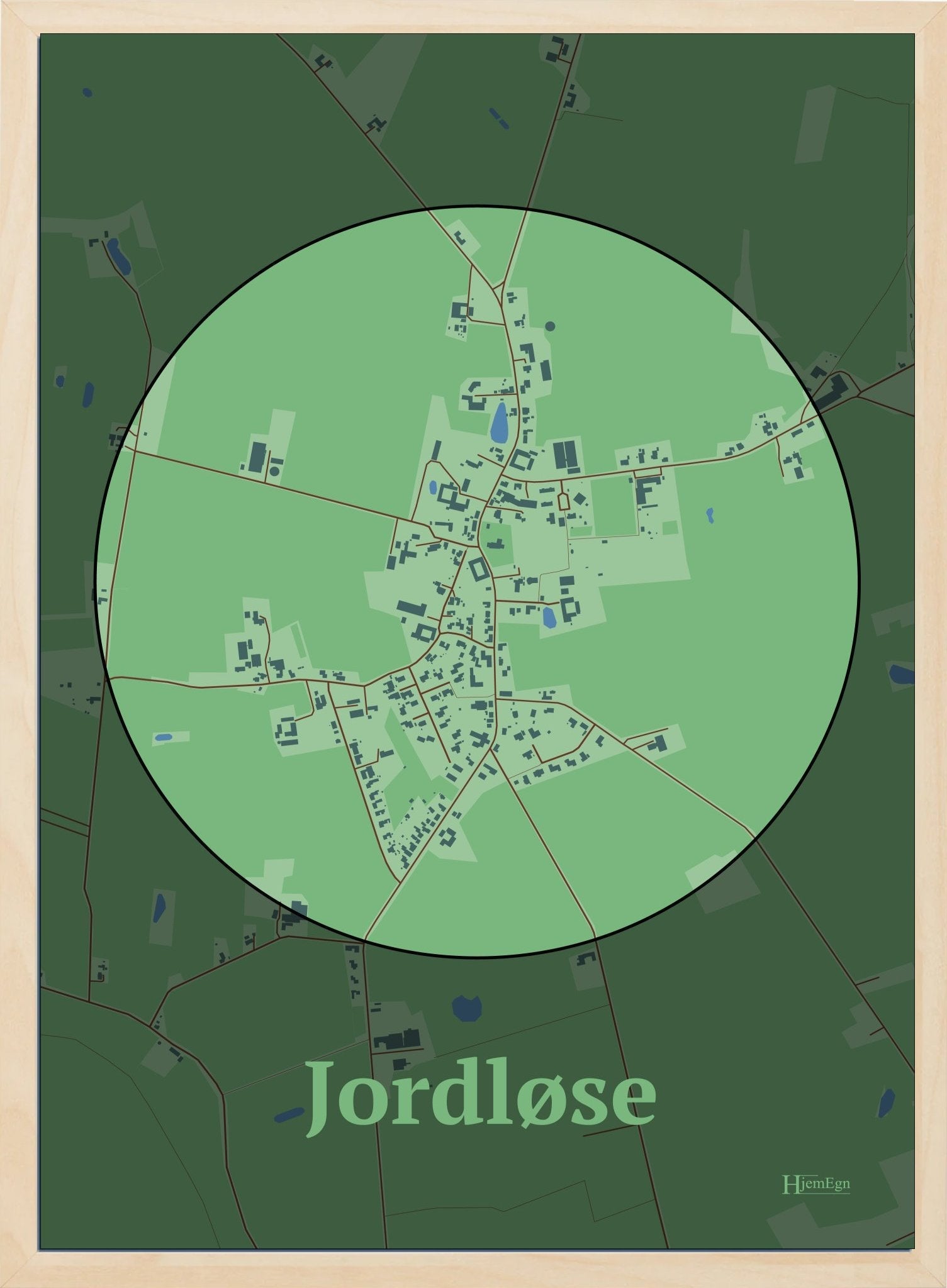Jordløse plakat i farve pastel grøn og HjemEgn.dk design centrum. Design bykort for Jordløse