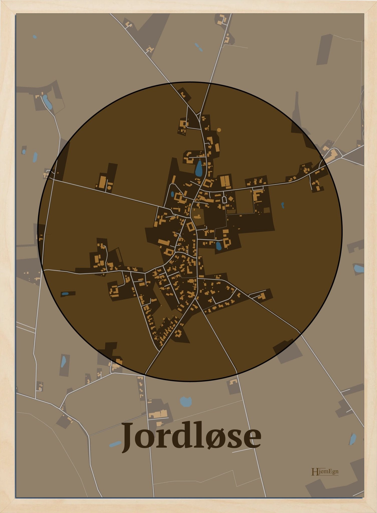 Jordløse plakat i farve mørk brun og HjemEgn.dk design centrum. Design bykort for Jordløse