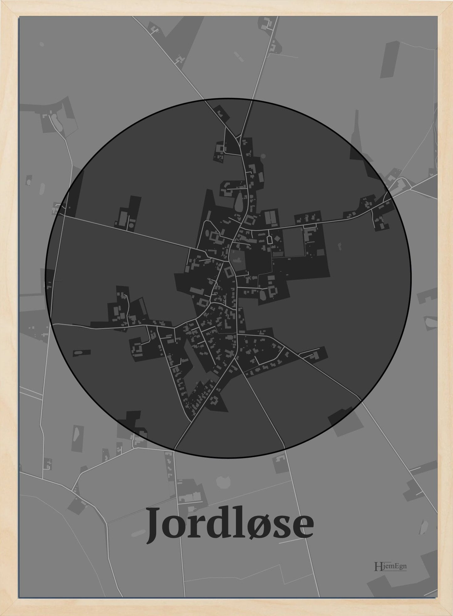 Jordløse plakat i farve mørk grå og HjemEgn.dk design centrum. Design bykort for Jordløse