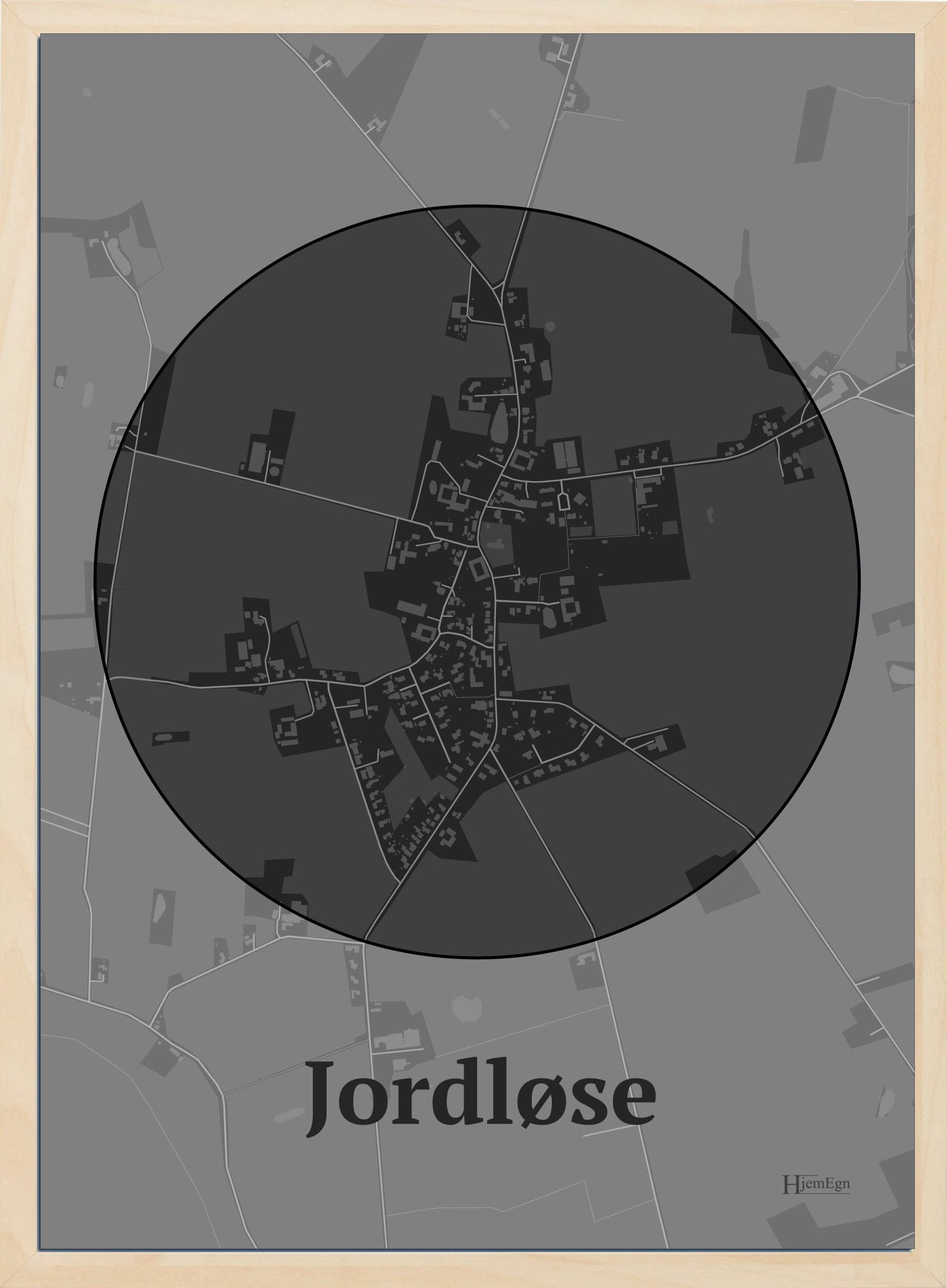 Jordløse plakat i farve mørk grå og HjemEgn.dk design centrum. Design bykort for Jordløse