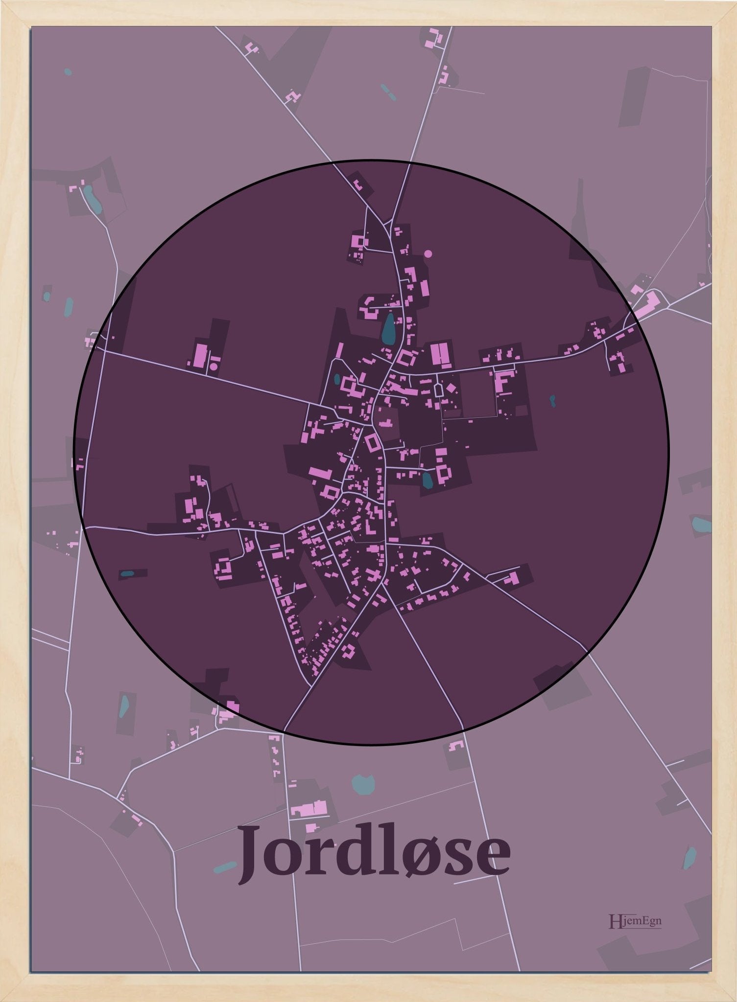 Jordløse plakat i farve mørk rød og HjemEgn.dk design centrum. Design bykort for Jordløse
