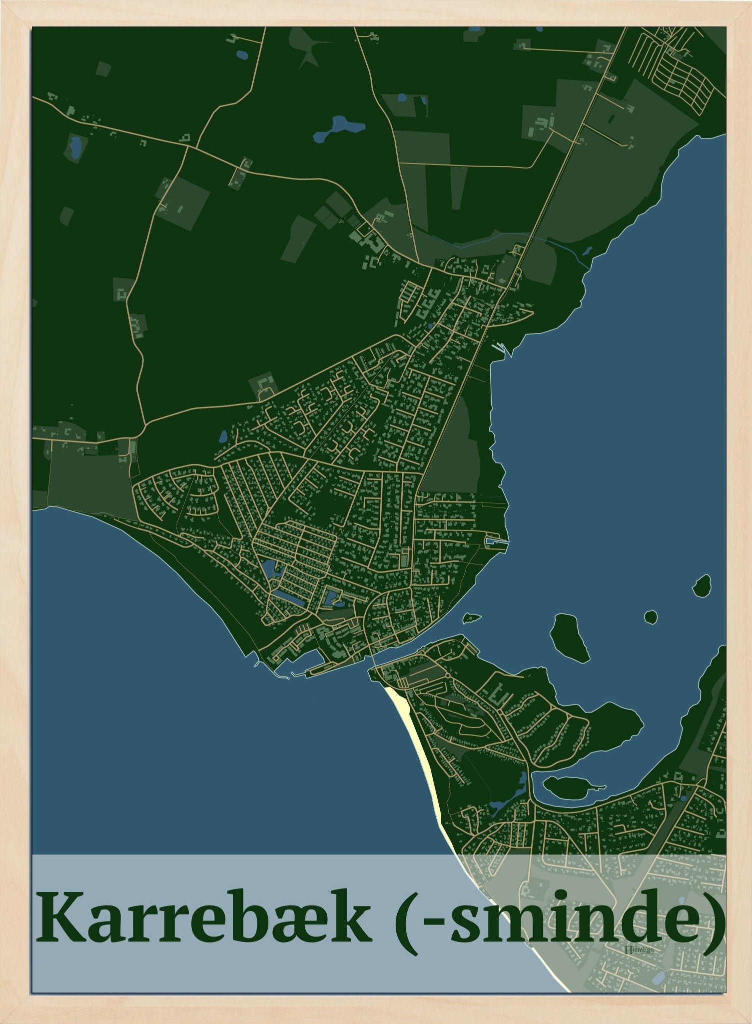 Karrebæk (-sminde) plakat i farve mørk grøn og HjemEgn.dk design firkantet. Design bykort for Karrebæk (-sminde)