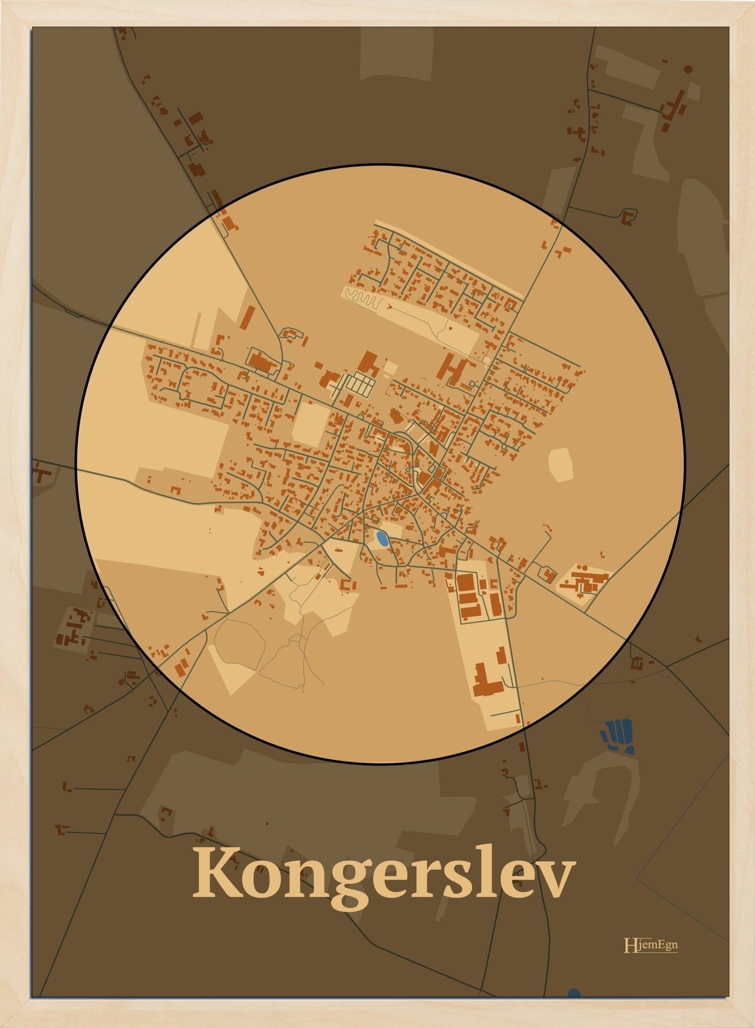 Kongerslev plakat i farve pastel brun og HjemEgn.dk design centrum. Design bykort for Kongerslev