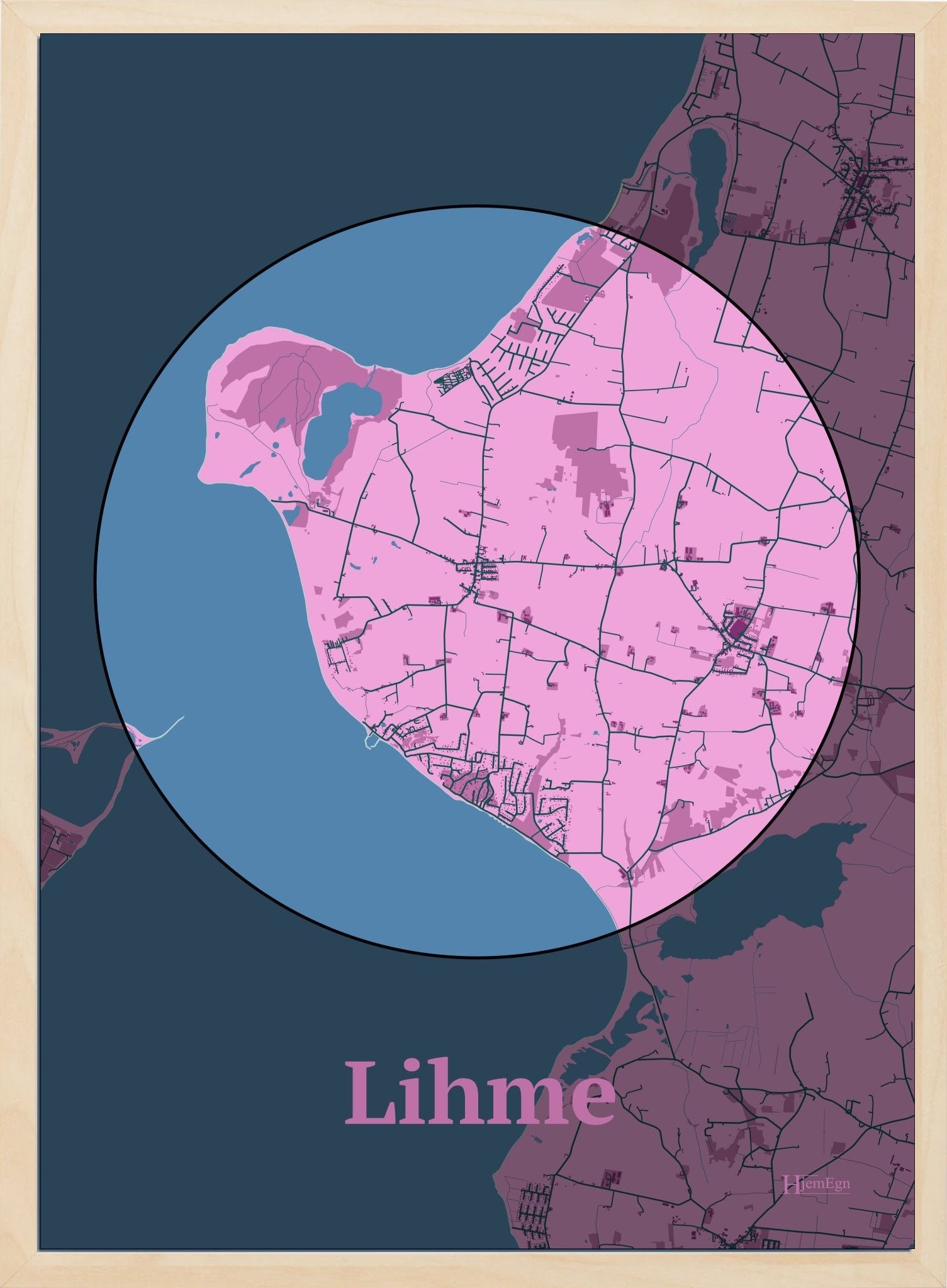 Lihme plakat i farve pastel rød og HjemEgn.dk design centrum. Design bykort for Lihme