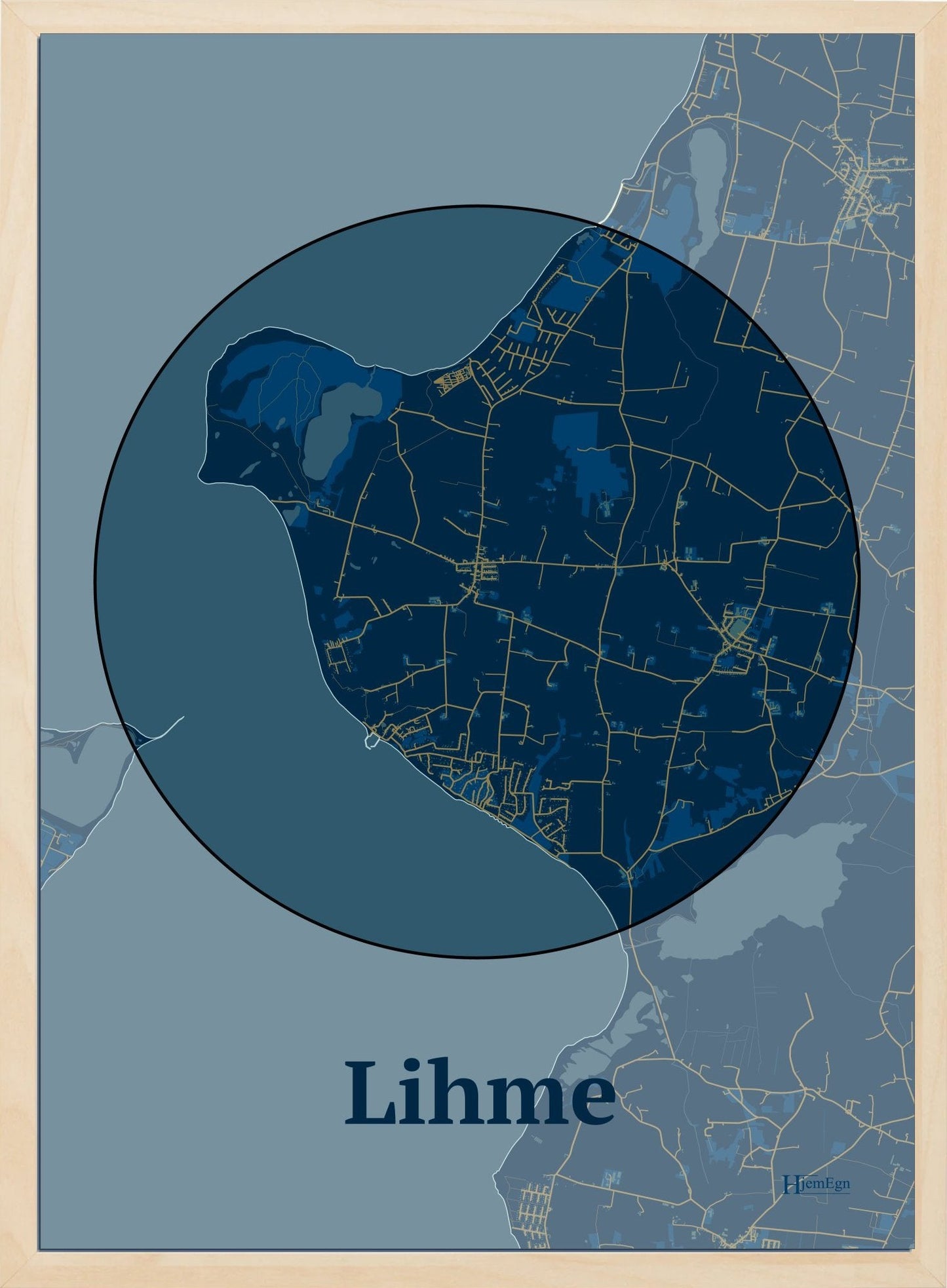 Lihme plakat i farve mørk blå og HjemEgn.dk design centrum. Design bykort for Lihme