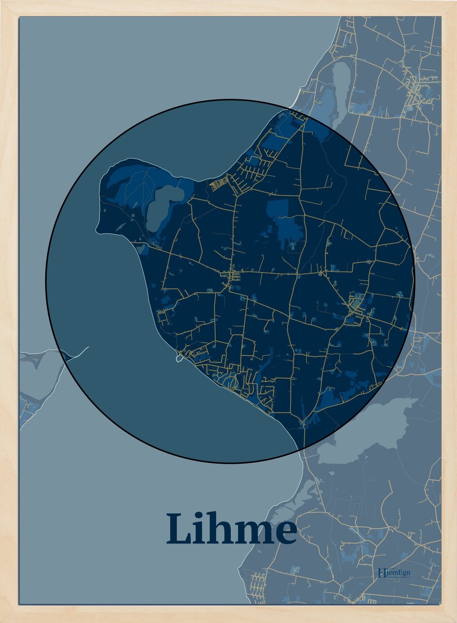 Lihme plakat i farve mørk blå og HjemEgn.dk design centrum. Design bykort for Lihme