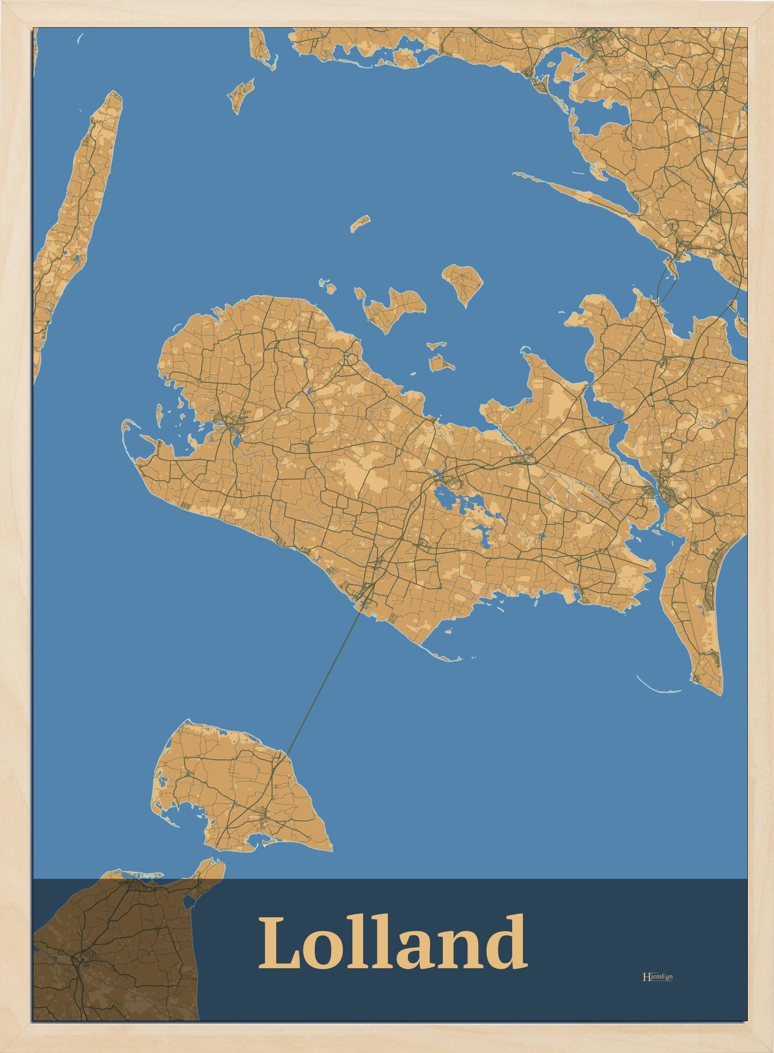 Lolland plakat i farve pastel brun og HjemEgn.dk design firkantet. Design ø-kort for Lolland