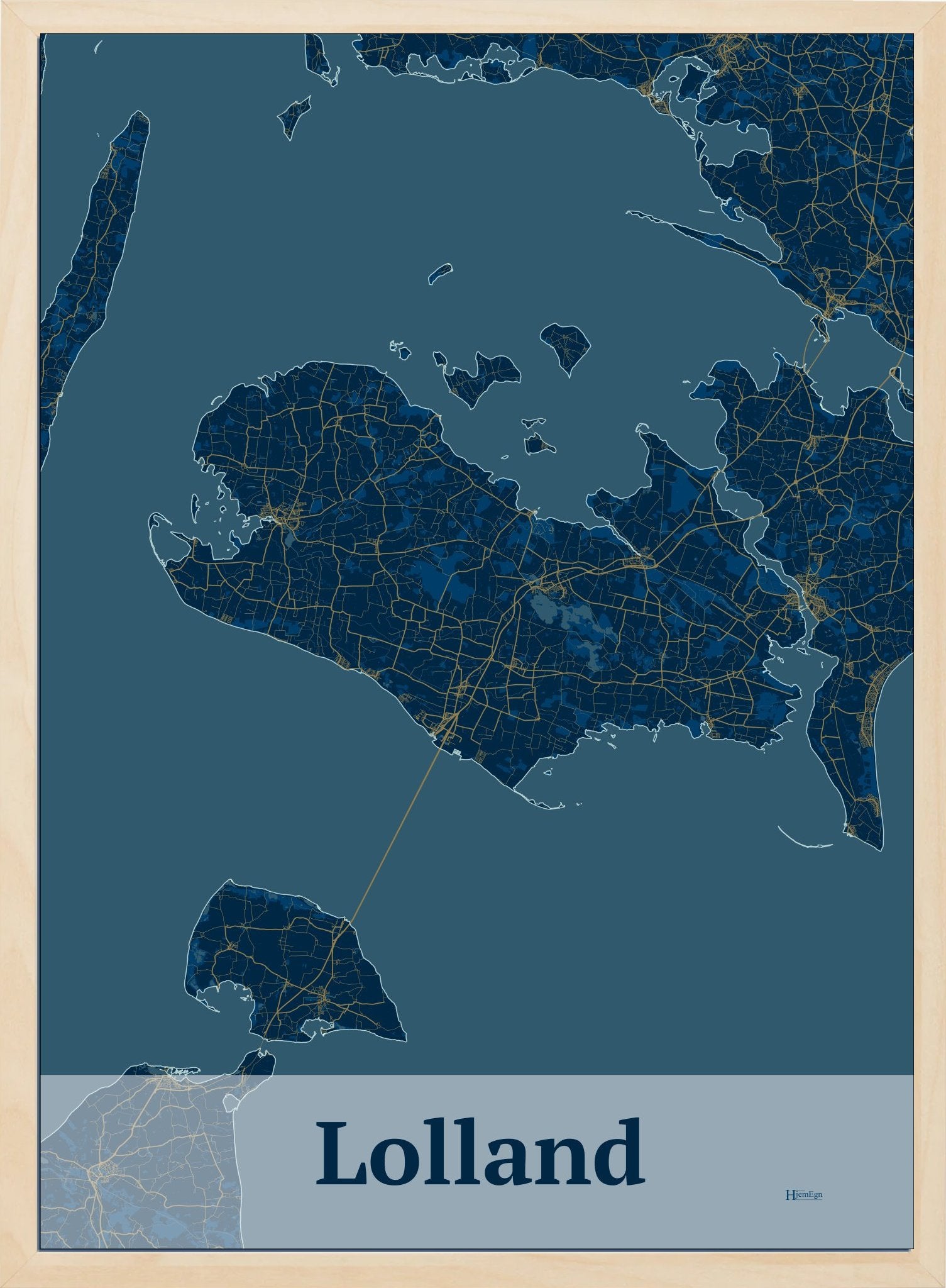 Lolland plakat i farve mørk blå og HjemEgn.dk design firkantet. Design ø-kort for Lolland