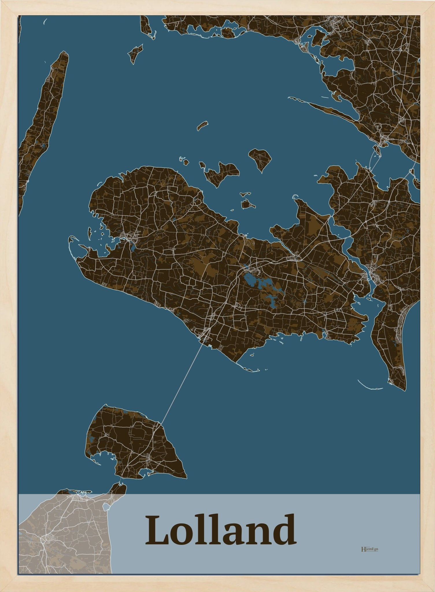 Lolland plakat i farve mørk brun og HjemEgn.dk design firkantet. Design ø-kort for Lolland