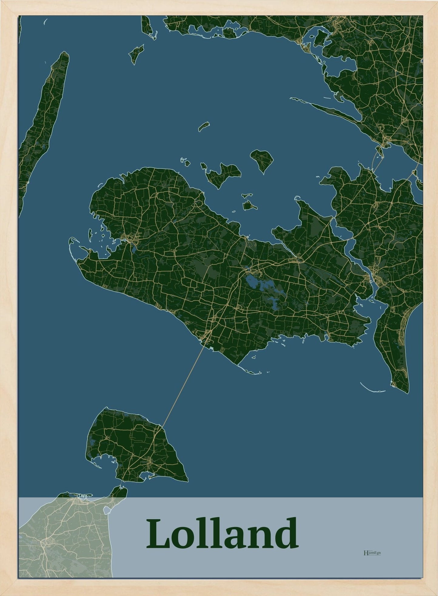 Lolland plakat i farve mørk grøn og HjemEgn.dk design firkantet. Design ø-kort for Lolland
