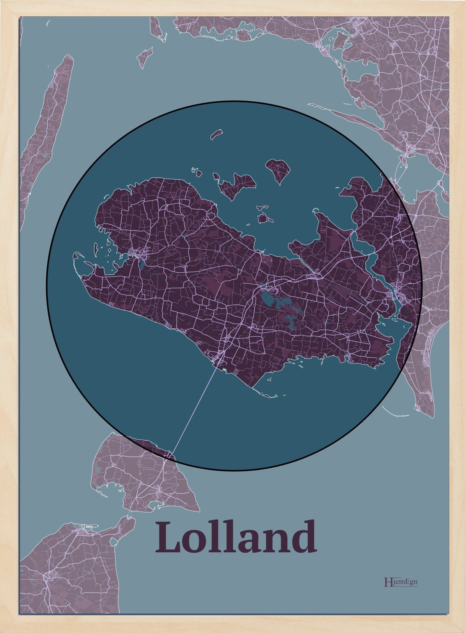 Lolland plakat i farve mørk rød og HjemEgn.dk design centrum. Design ø-kort for Lolland