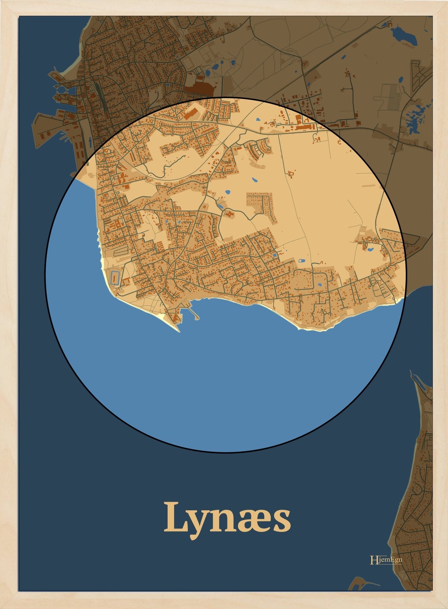 Lynæs plakat i farve pastel brun og HjemEgn.dk design centrum. Design bykort for Lynæs