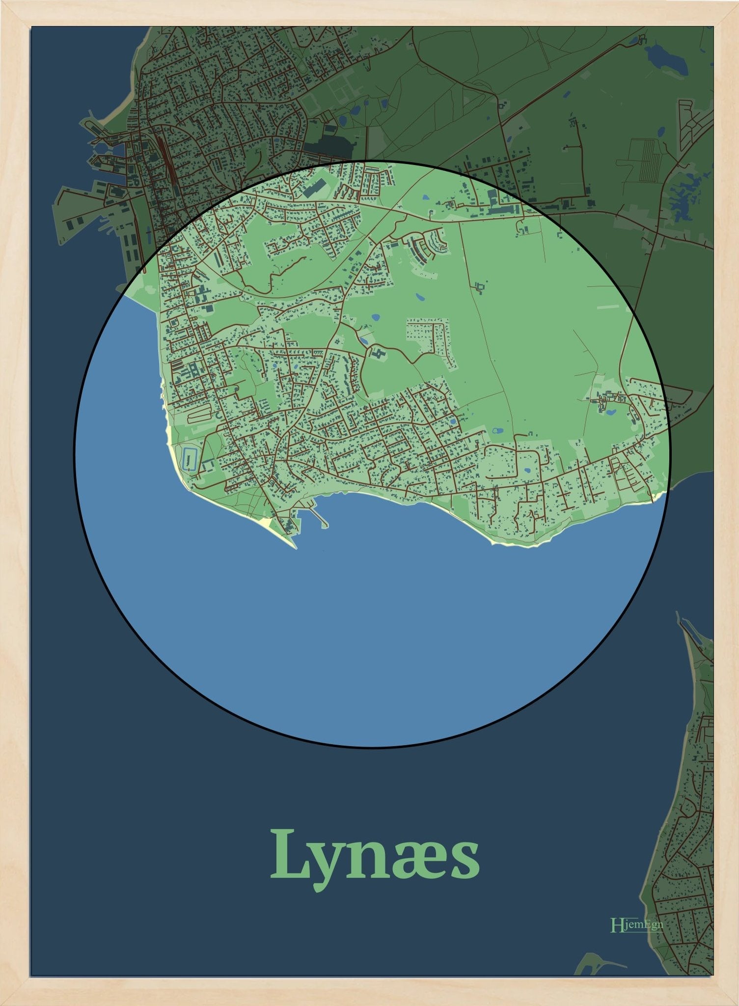 Lynæs plakat i farve pastel grøn og HjemEgn.dk design centrum. Design bykort for Lynæs