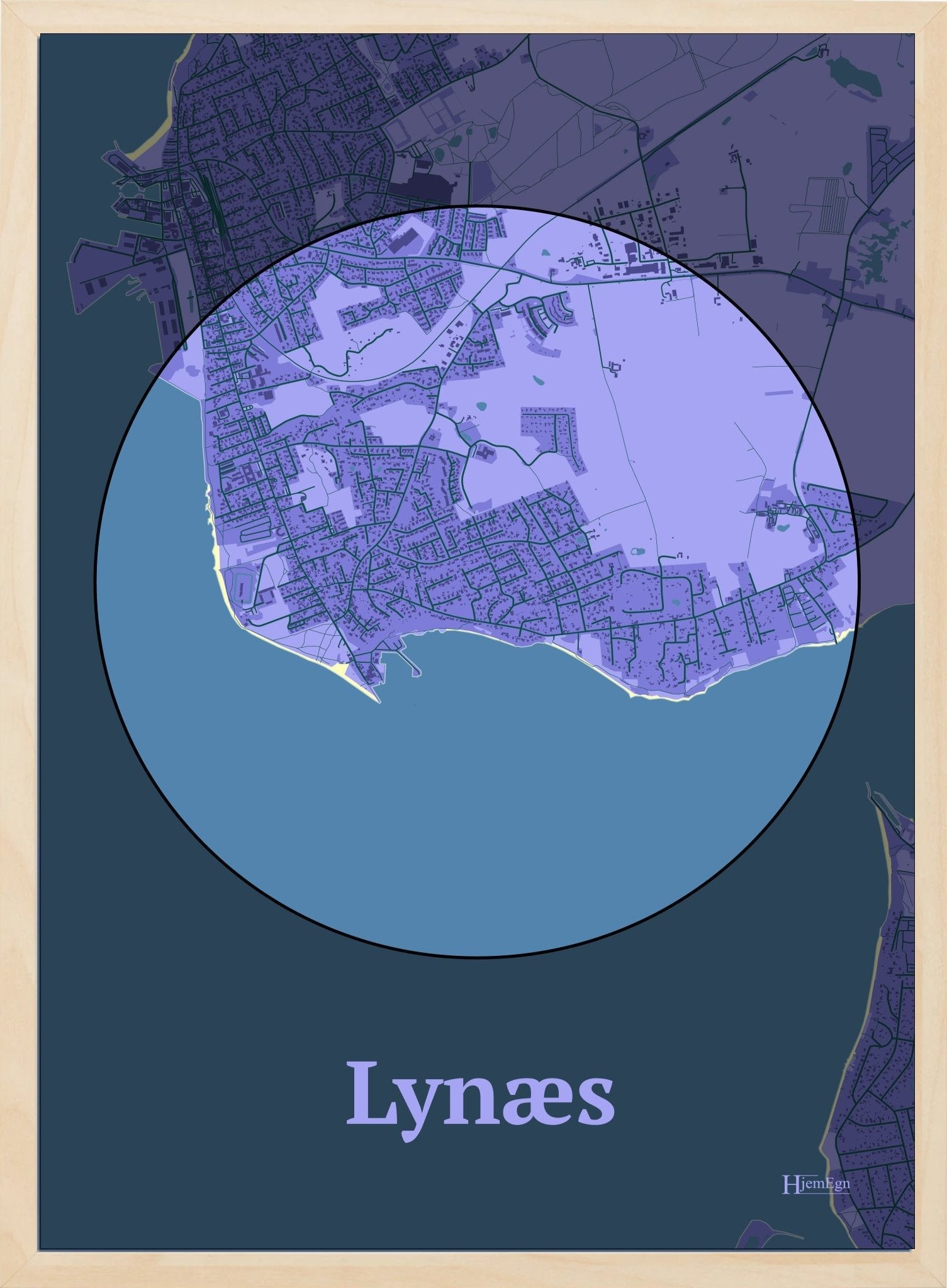 Lynæs plakat i farve pastel lilla og HjemEgn.dk design centrum. Design bykort for Lynæs