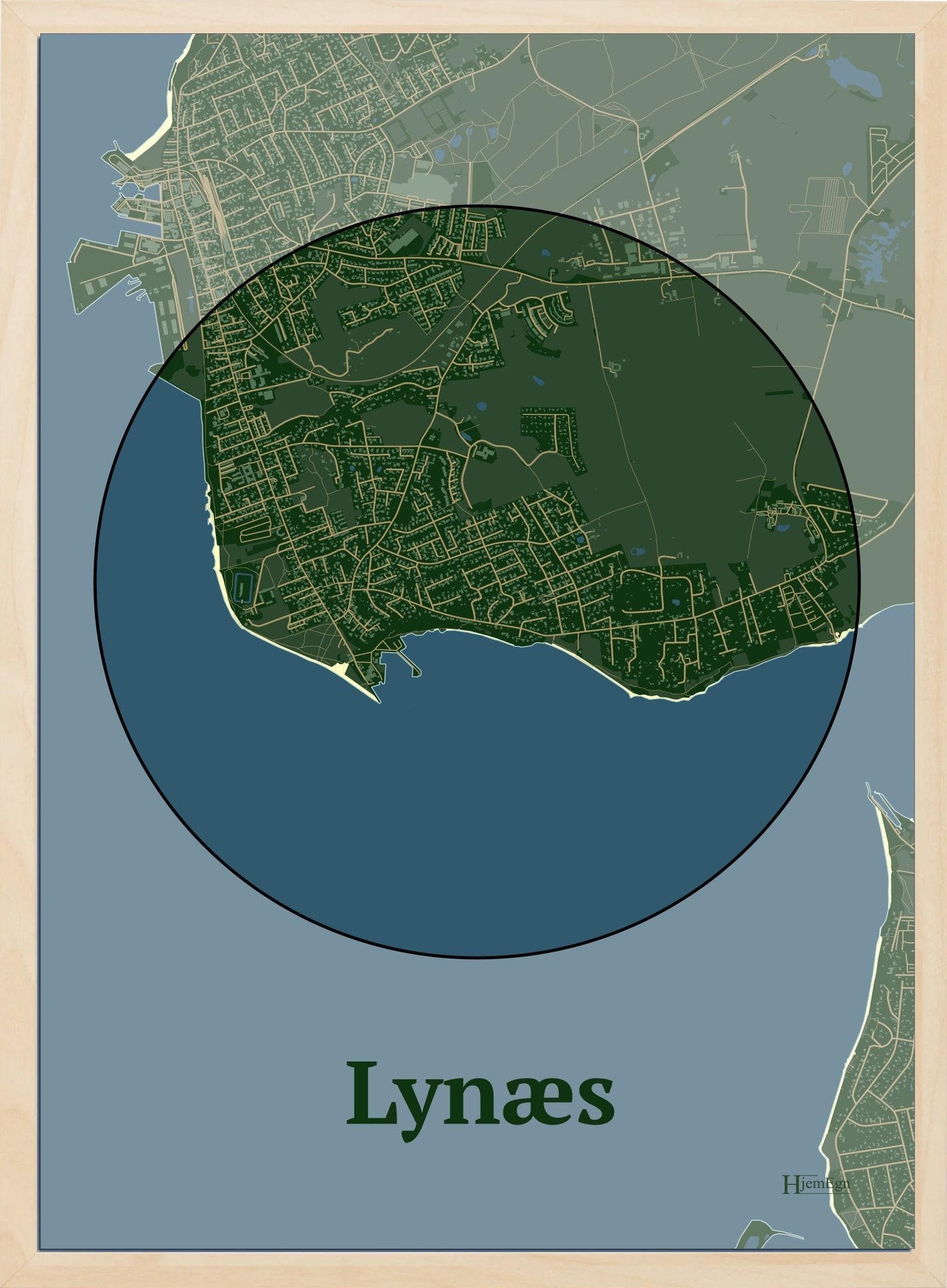 Lynæs plakat i farve mørk grøn og HjemEgn.dk design centrum. Design bykort for Lynæs
