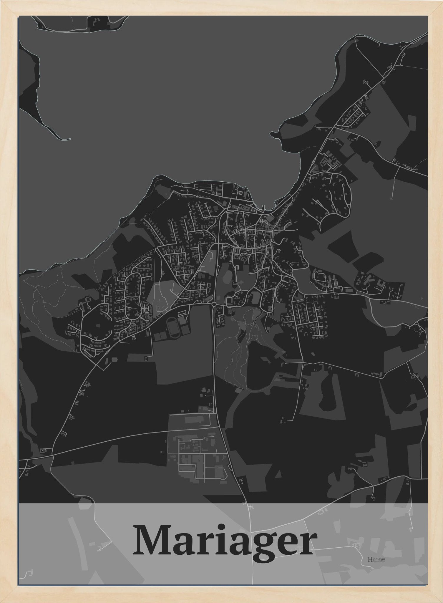 Mariager plakat i farve mørk grå og HjemEgn.dk design firkantet. Design bykort for Mariager