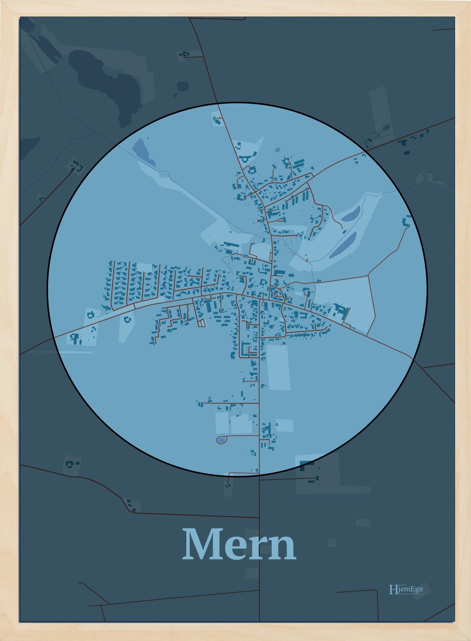 Mern plakat i farve pastel blå og HjemEgn.dk design centrum. Design bykort for Mern
