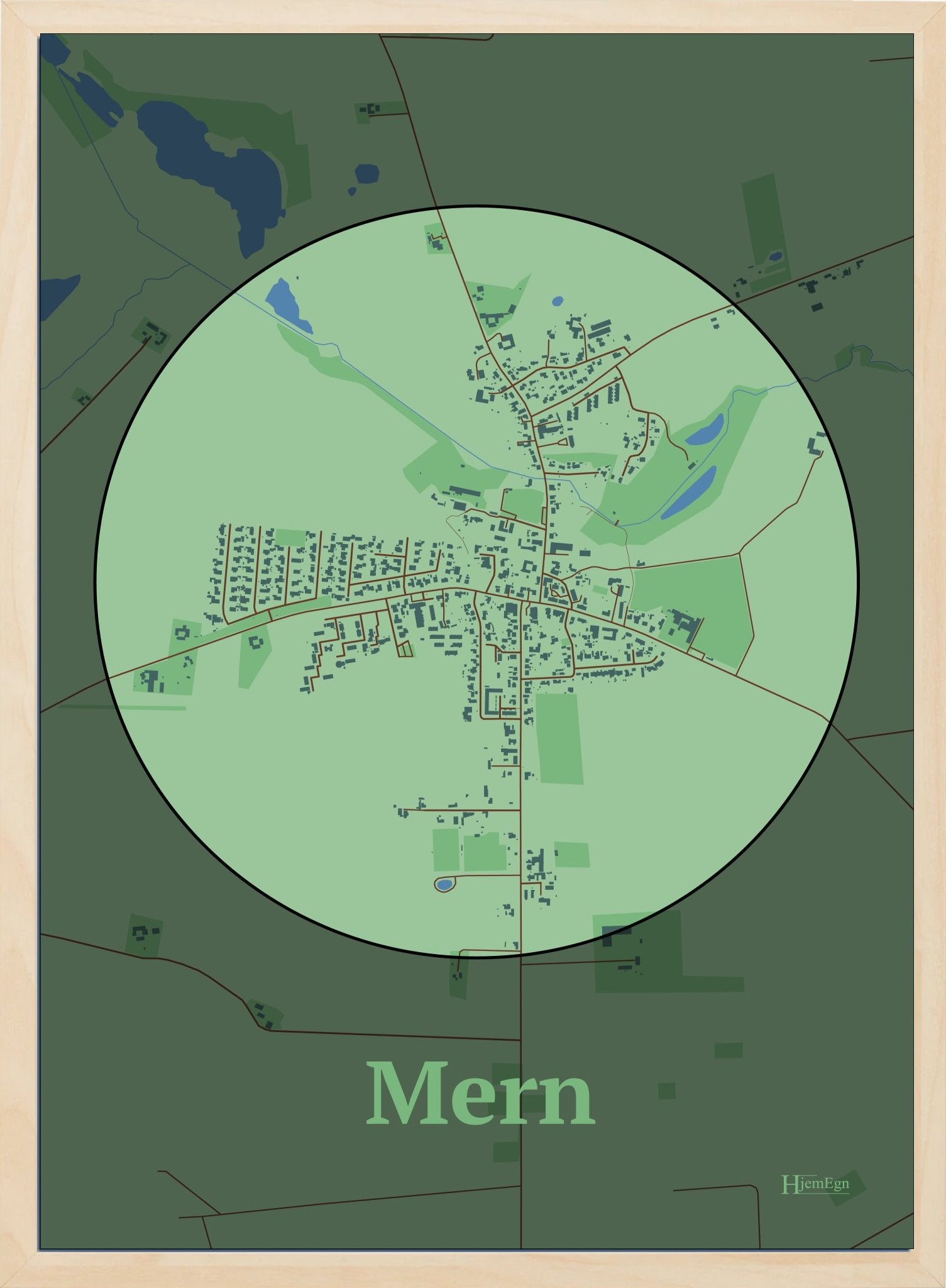 Mern plakat i farve pastel grøn og HjemEgn.dk design centrum. Design bykort for Mern