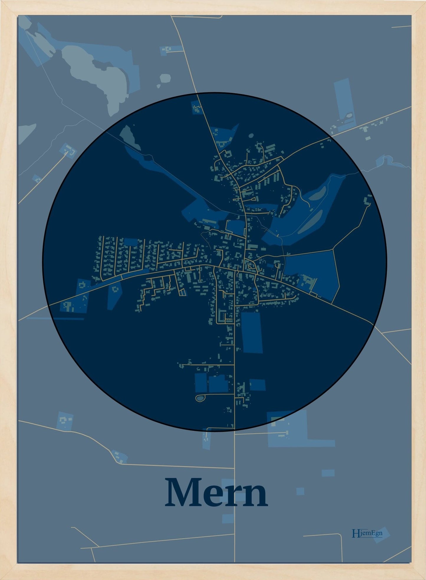 Mern plakat i farve mørk blå og HjemEgn.dk design centrum. Design bykort for Mern