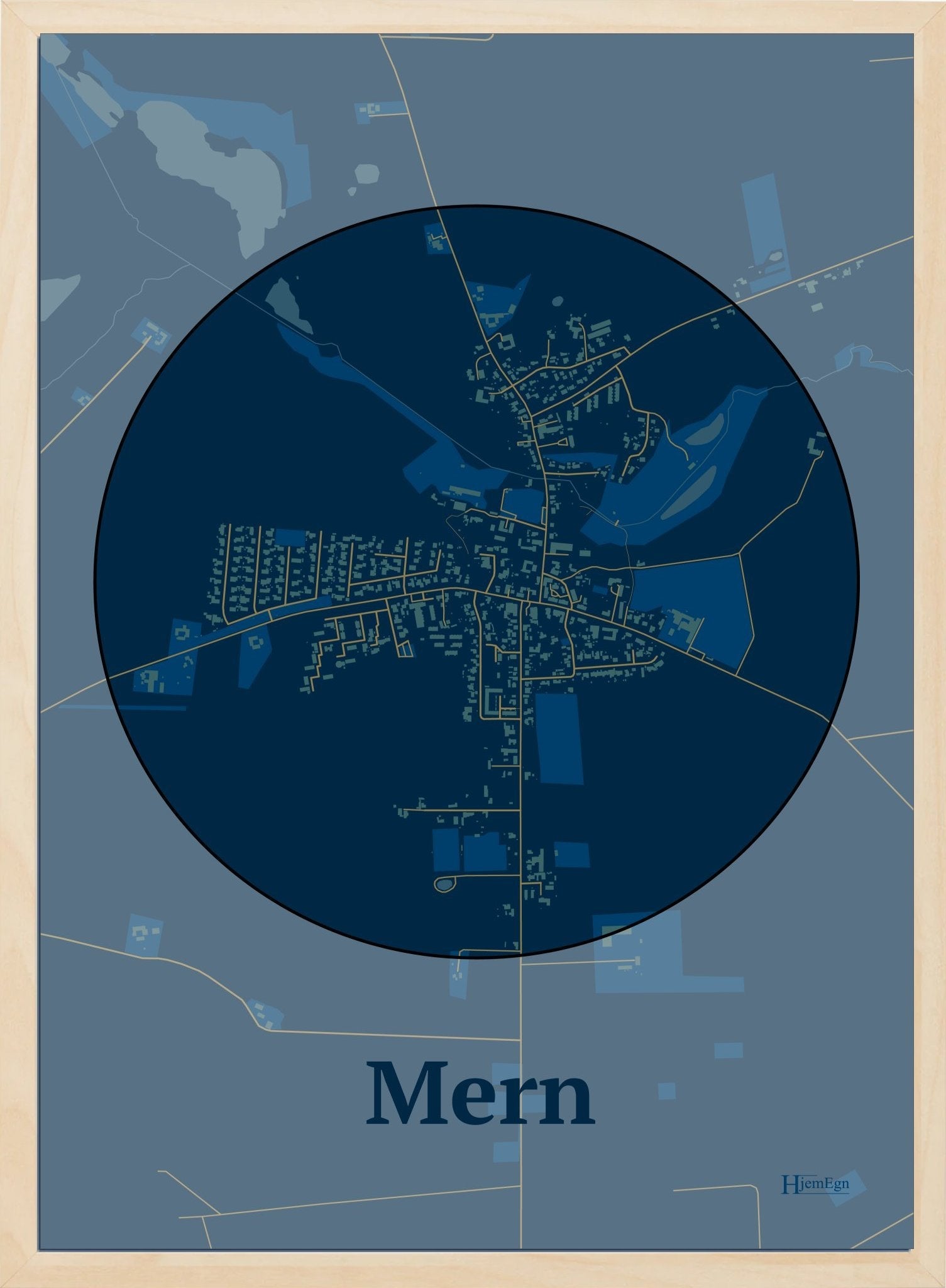 Mern plakat i farve mørk blå og HjemEgn.dk design centrum. Design bykort for Mern