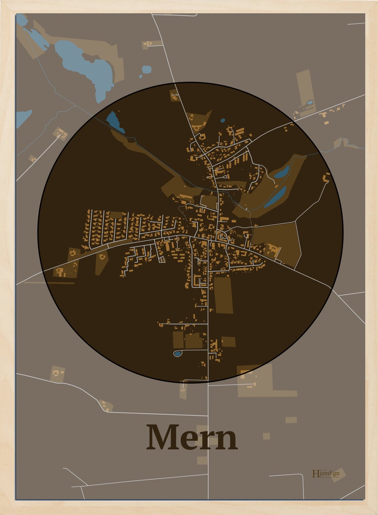 Mern plakat i farve mørk brun og HjemEgn.dk design centrum. Design bykort for Mern