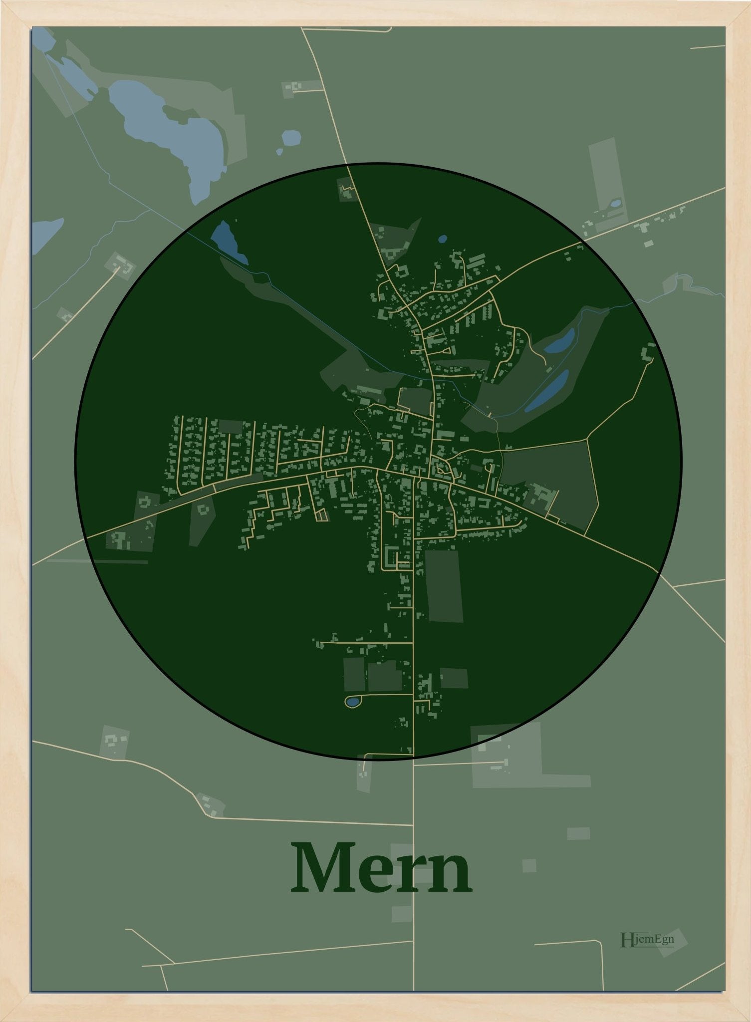 Mern plakat i farve mørk grøn og HjemEgn.dk design centrum. Design bykort for Mern