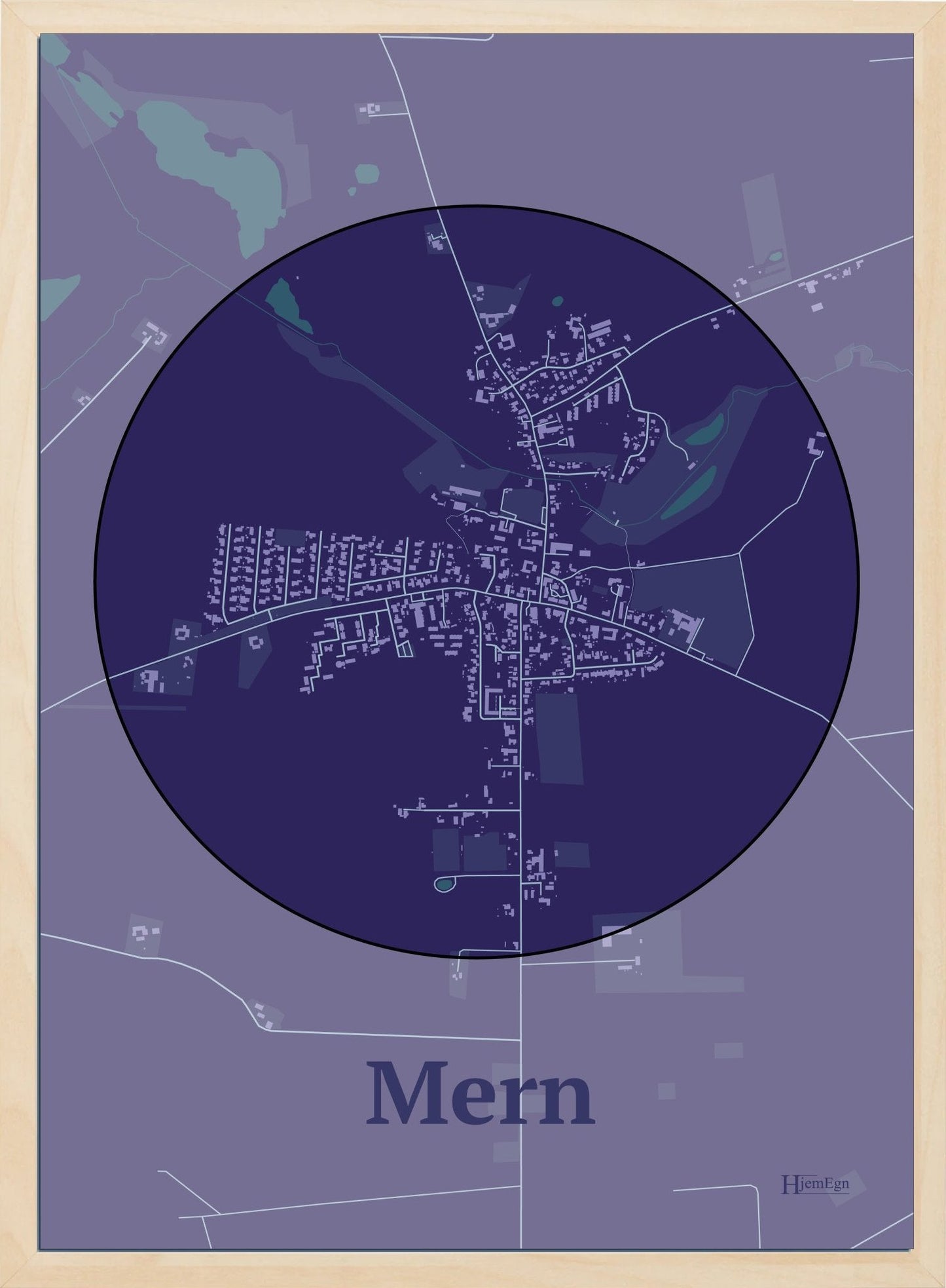 Mern plakat i farve mørk lilla og HjemEgn.dk design centrum. Design bykort for Mern
