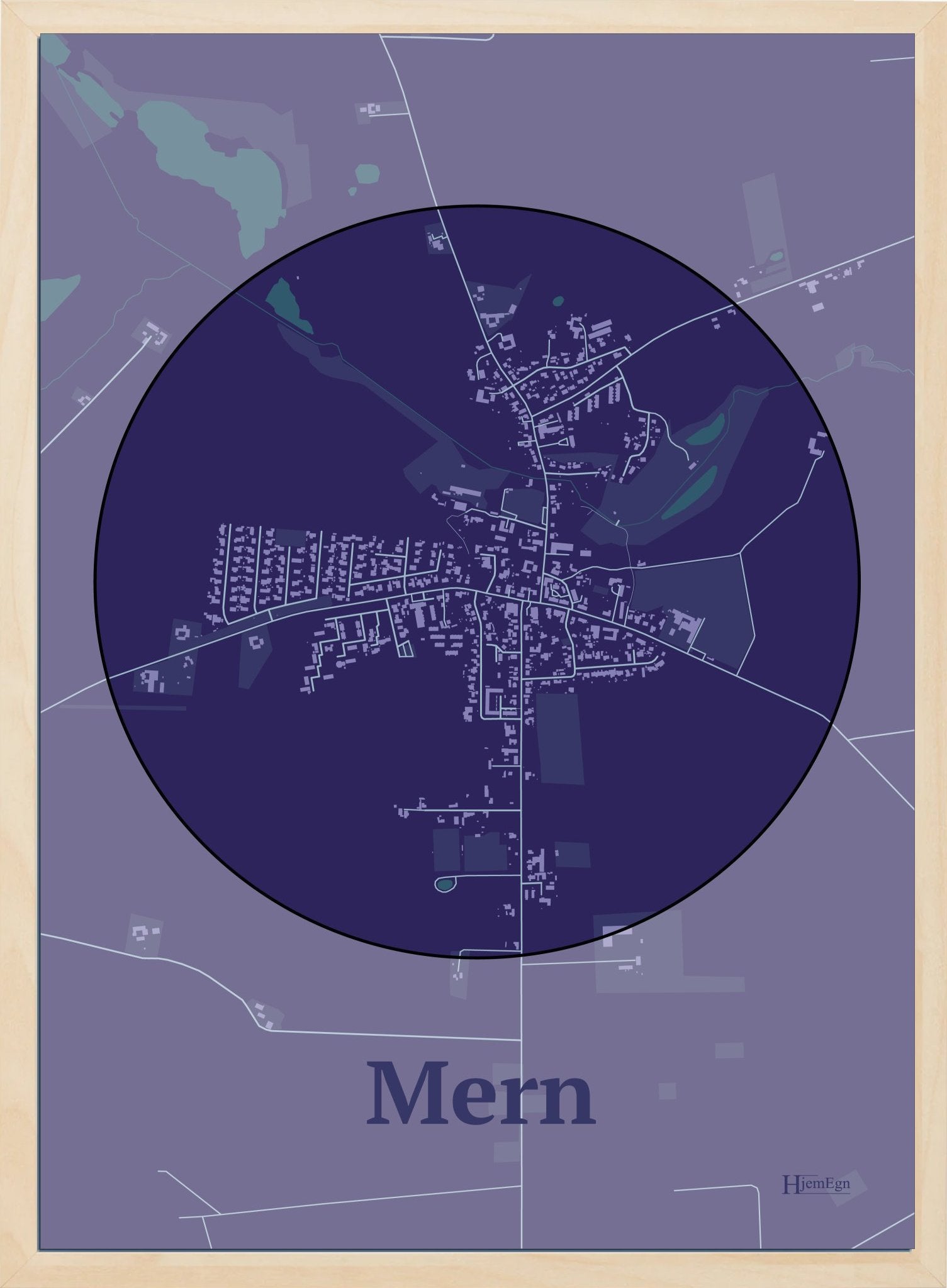 Mern plakat i farve mørk lilla og HjemEgn.dk design centrum. Design bykort for Mern