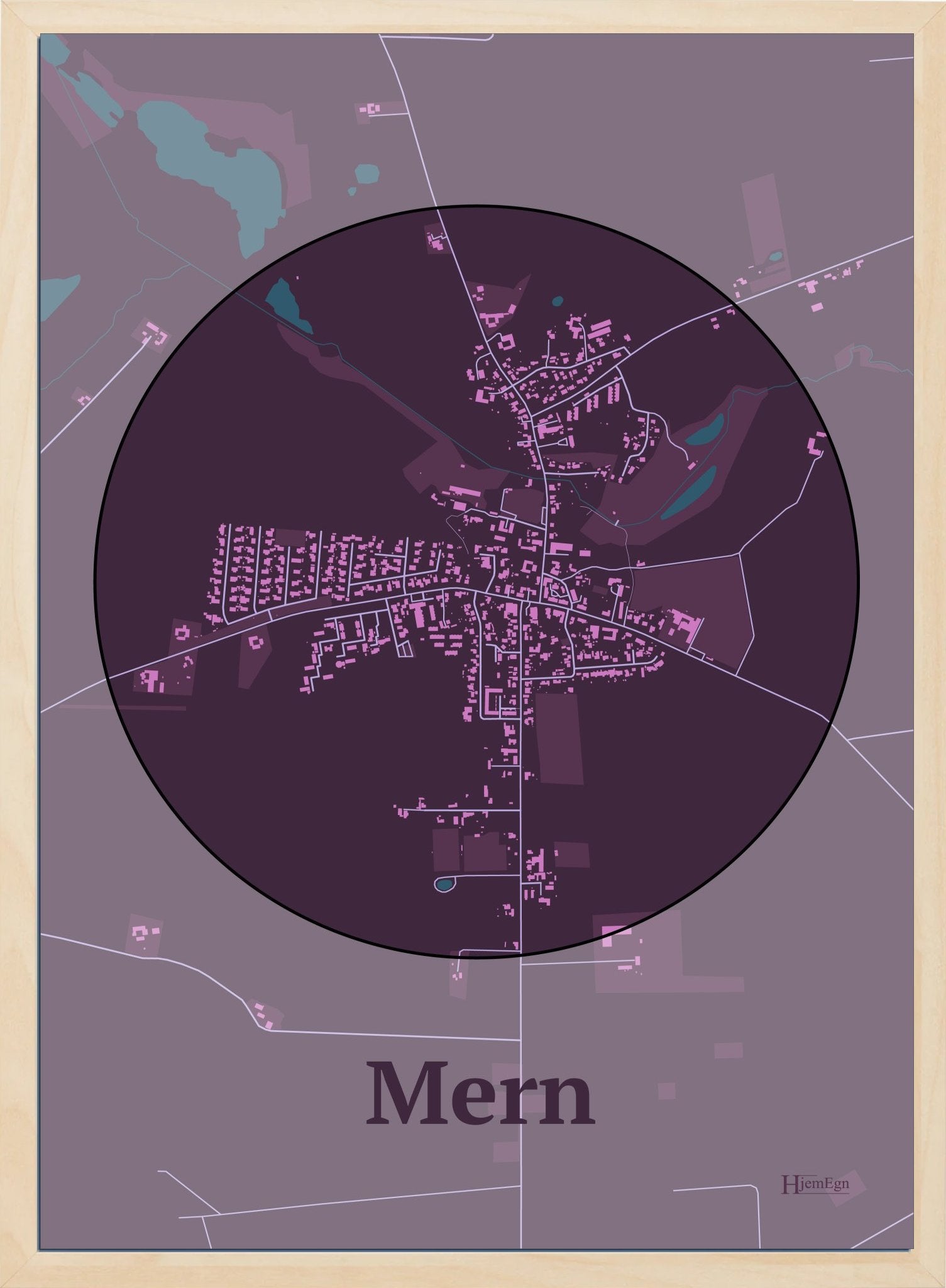 Mern plakat i farve mørk rød og HjemEgn.dk design centrum. Design bykort for Mern