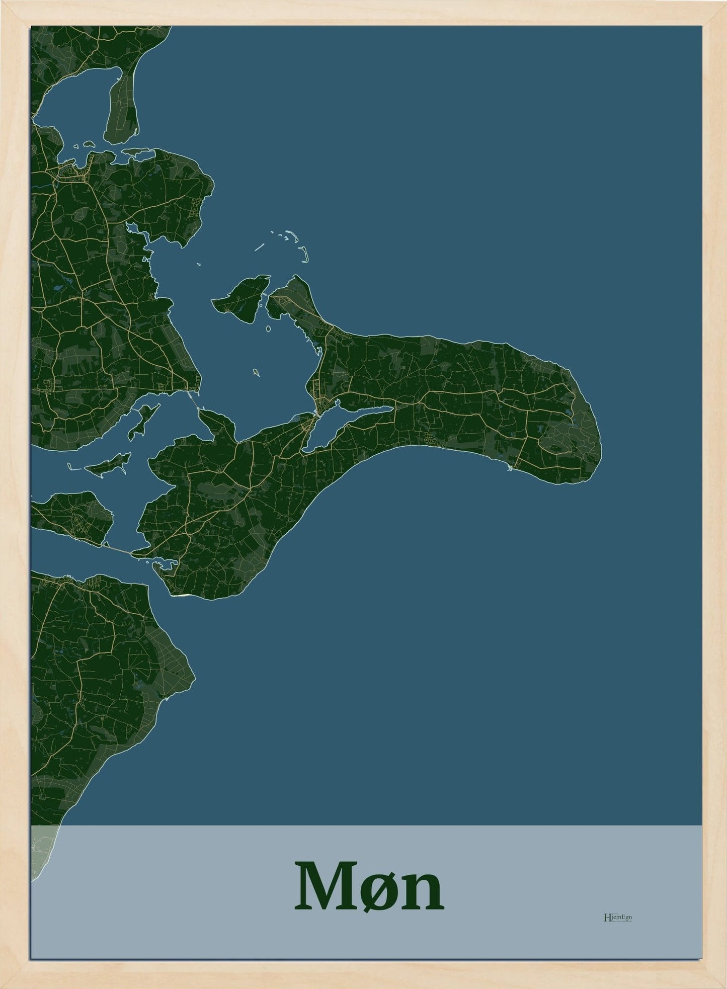 Møn plakat i farve mørk grøn og HjemEgn.dk design firkantet. Design ø-kort for Møn