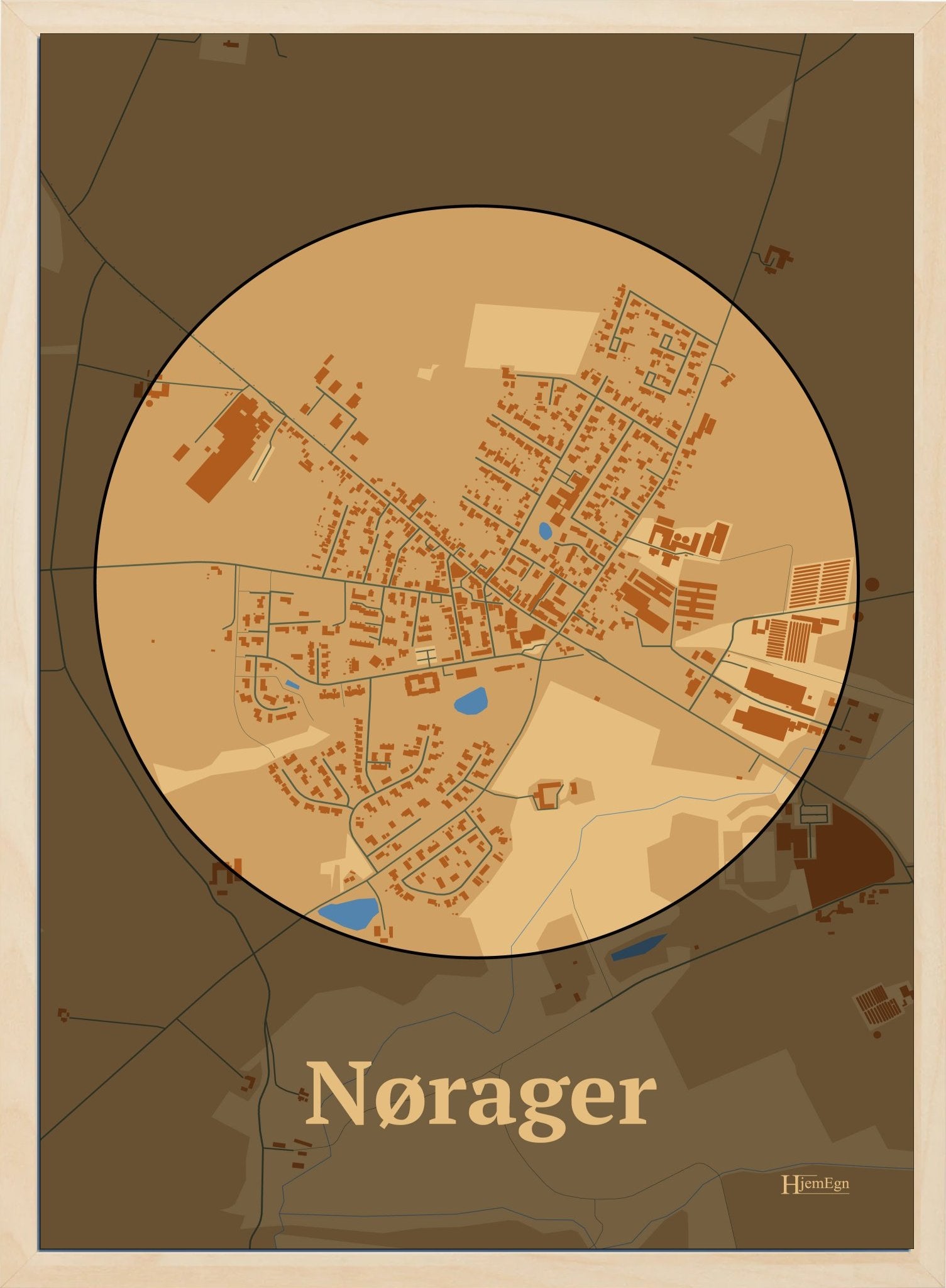 Nørager plakat i farve pastel brun og HjemEgn.dk design centrum. Design bykort for Nørager