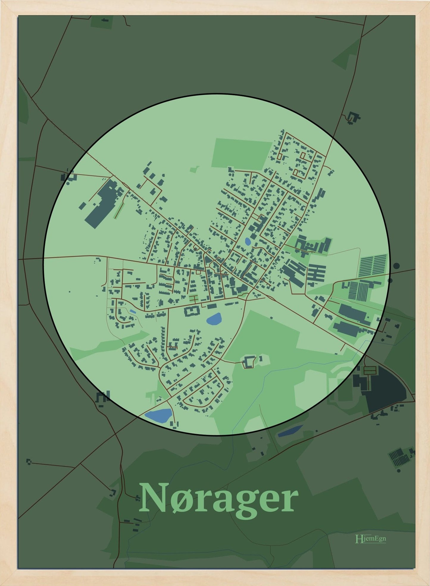 Nørager plakat i farve pastel grøn og HjemEgn.dk design centrum. Design bykort for Nørager