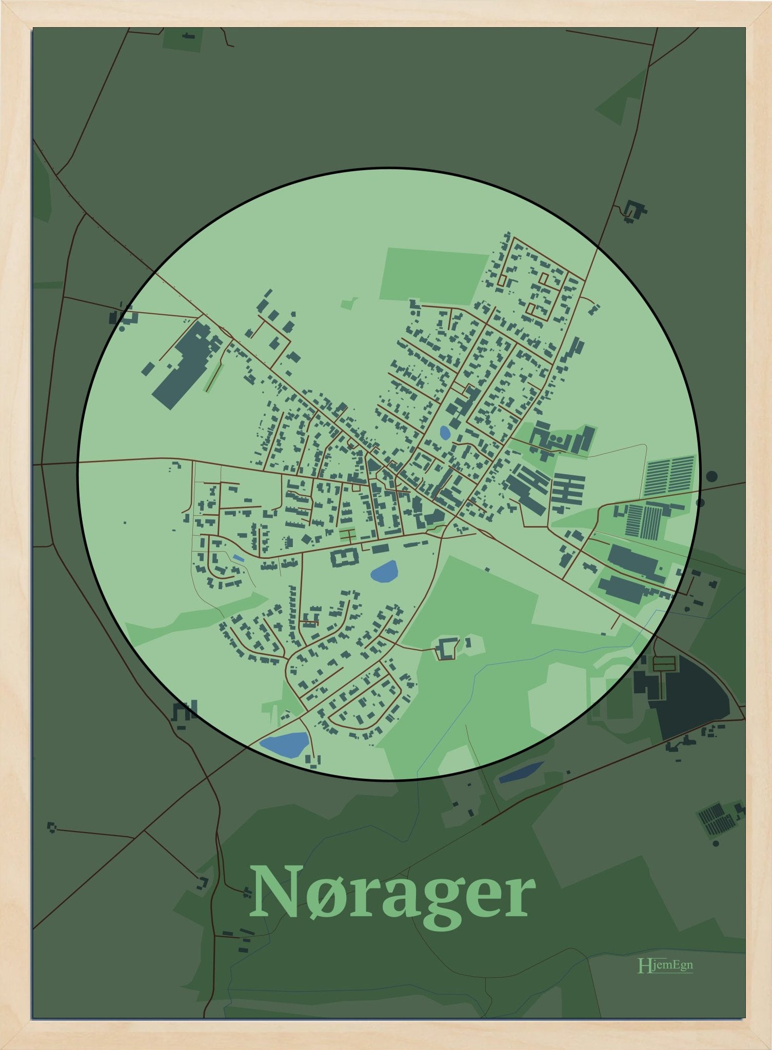 Nørager plakat i farve pastel grøn og HjemEgn.dk design centrum. Design bykort for Nørager